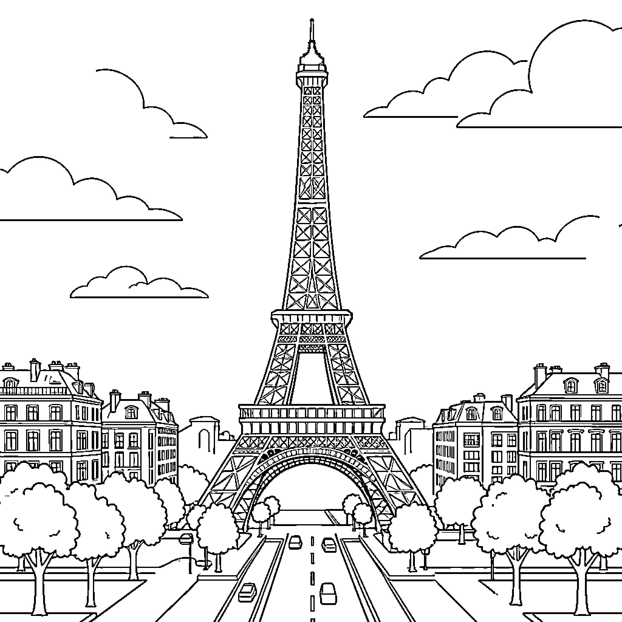 Eiffel Tower standing tall over a Parisian street scene Coloring Page (free black-and-white line drawing printable PDF for all, from beginners to advanced learners, including children, teens, adults, and seniors)