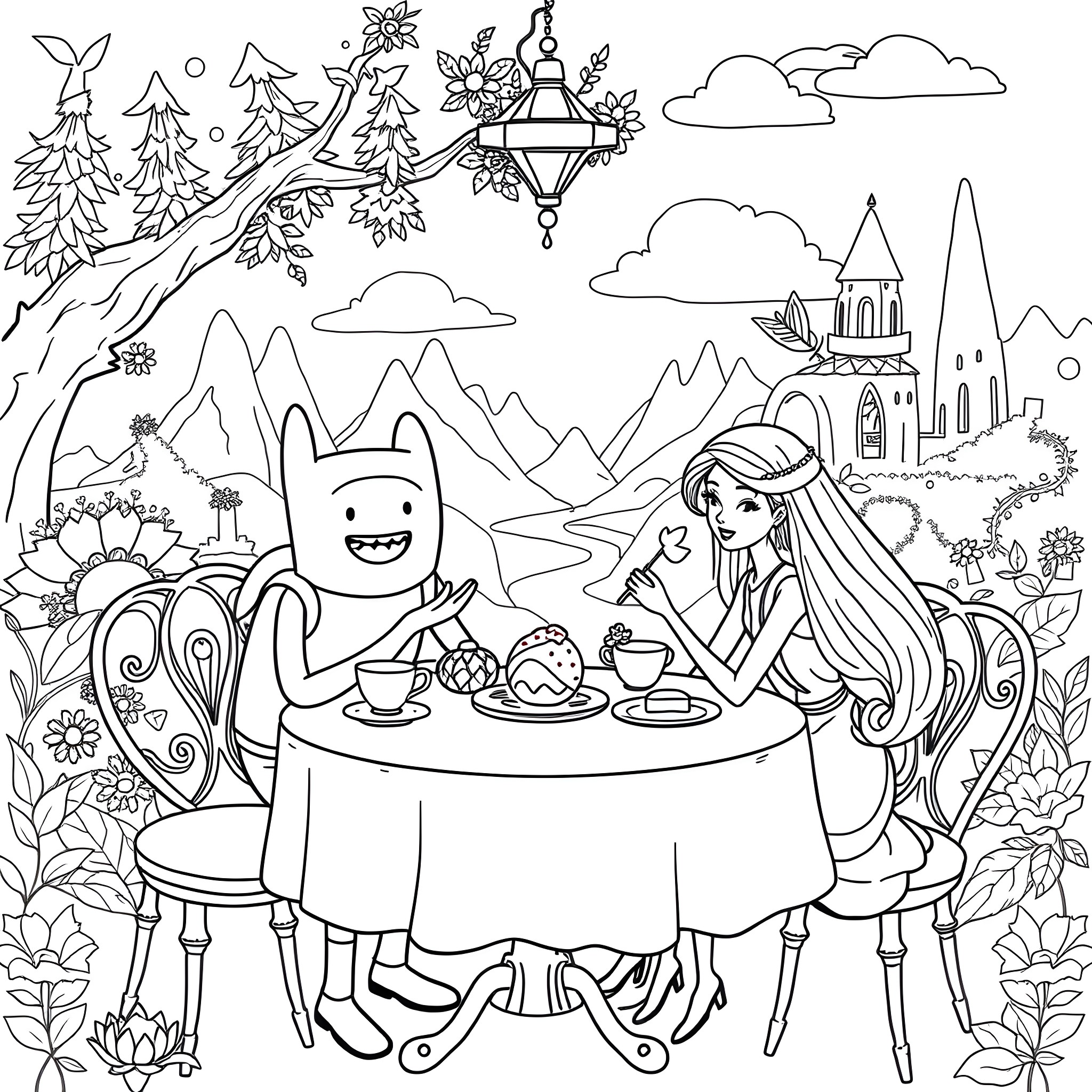 Finn's Enchanting Picnic in the Whimsical Wilderness Coloring Page (free black-and-white line drawing printable PDF for all, from beginners to advanced learners, including children, teens, adults, and seniors)