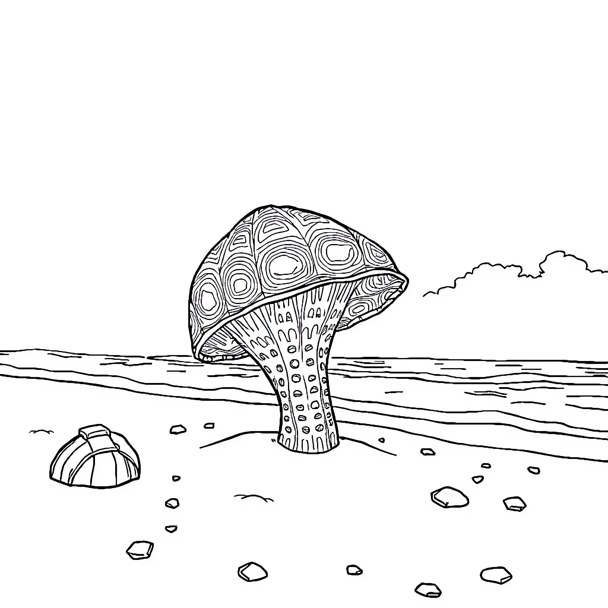 Caca Mushroom in the Meadow Coloring Page (free black-and-white line drawing printable PDF for all, from beginners to advanced learners, including children, teens, adults, and seniors)