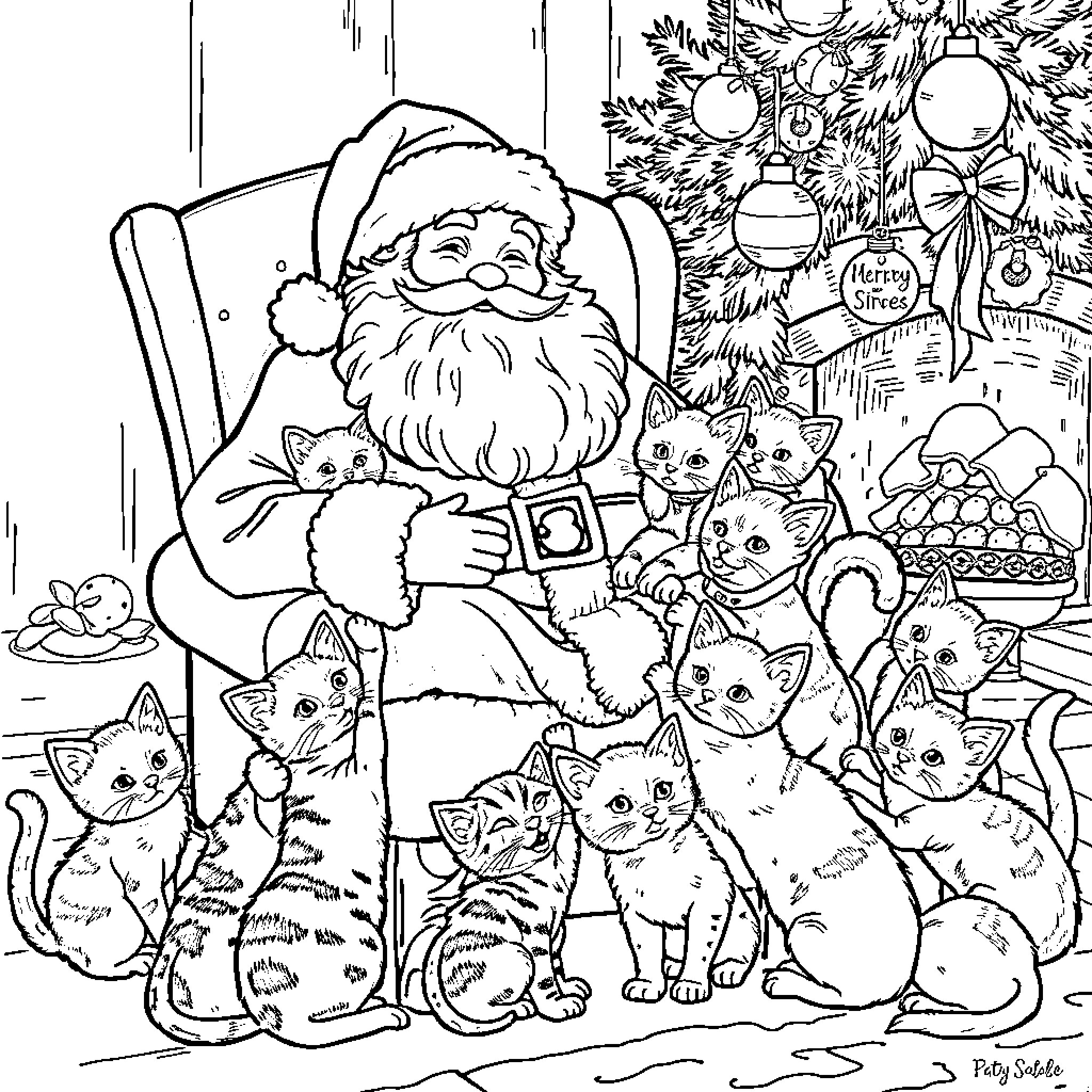 Santa surrounded by playful kittens in a cozy holiday scene Coloring Page (free black-and-white line drawing printable PDF for all, from beginners to advanced learners, including children, teens, adults, and seniors)