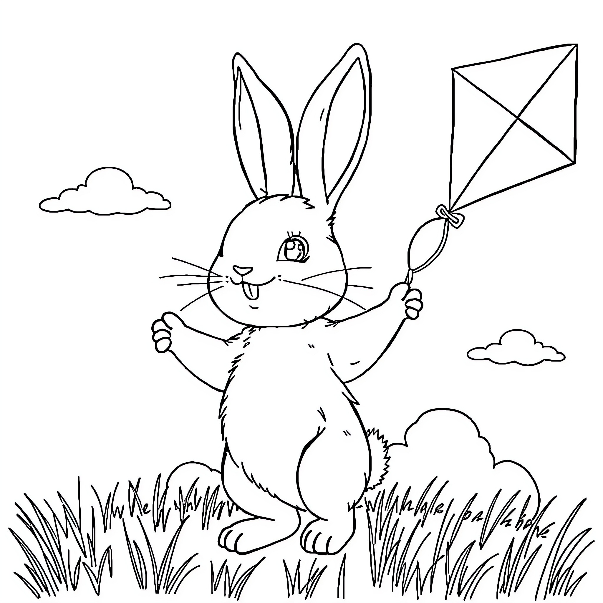Rabbit flying a kite on a grassy field Coloring Page (free black-and-white line drawing printable PDF for all, from beginners to advanced learners, including children, teens, adults, and seniors)