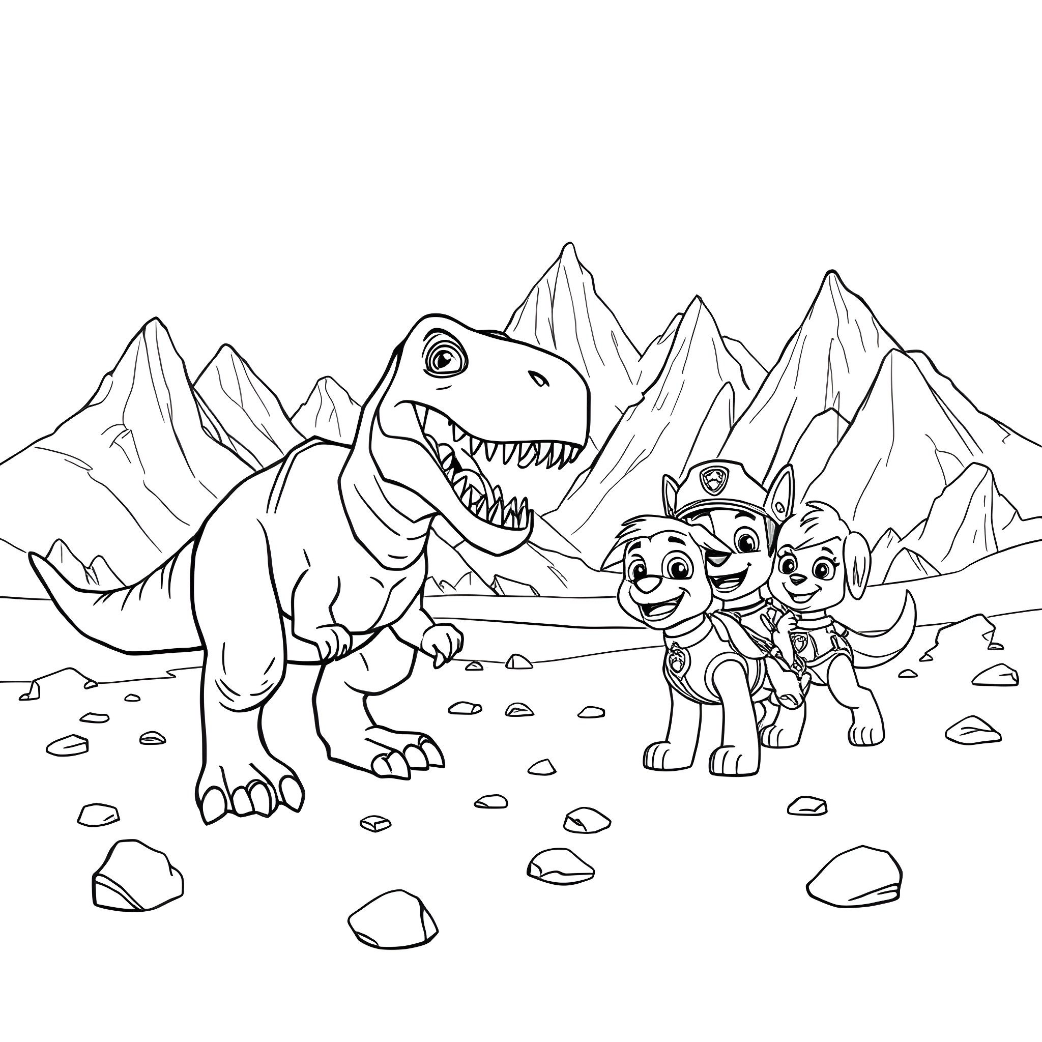 Dinosaur and pup adventuring in the mountains Coloring Page (free black-and-white line drawing printable PDF for all, from beginners to advanced learners, including children, teens, adults, and seniors)