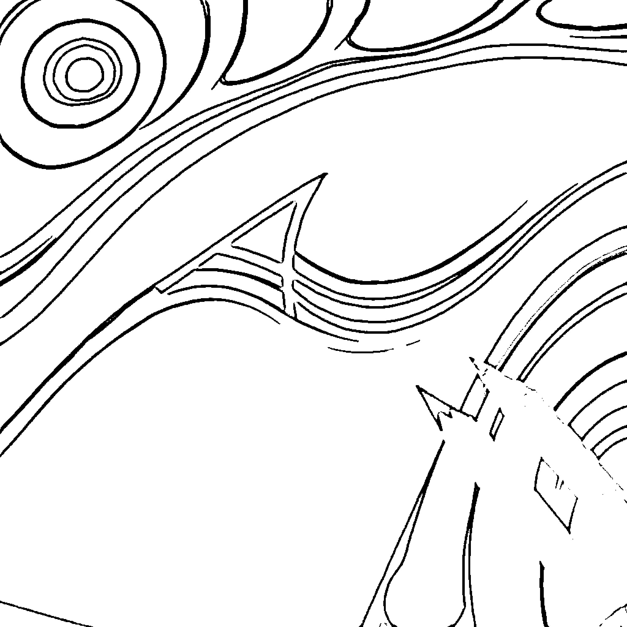 Letter A abstract pattern with curved lines and shapes Coloring Page (free black-and-white line drawing printable PDF for all, from beginners to advanced learners, including children, teens, adults, and seniors)