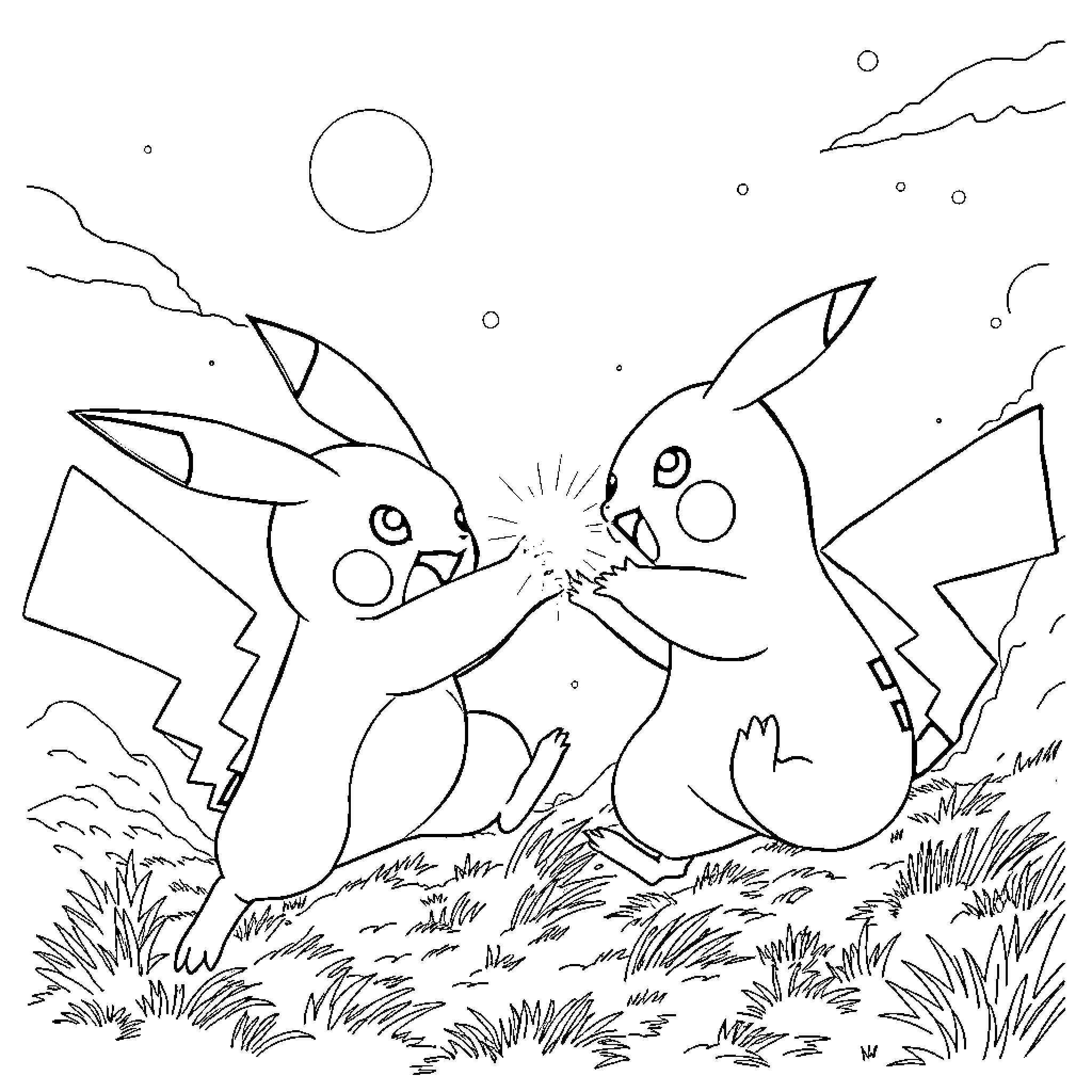 Tung's Playful Electric Rabbit Encounter Coloring Page (free black-and-white line drawing printable PDF for all, from beginners to advanced learners, including children, teens, adults, and seniors)