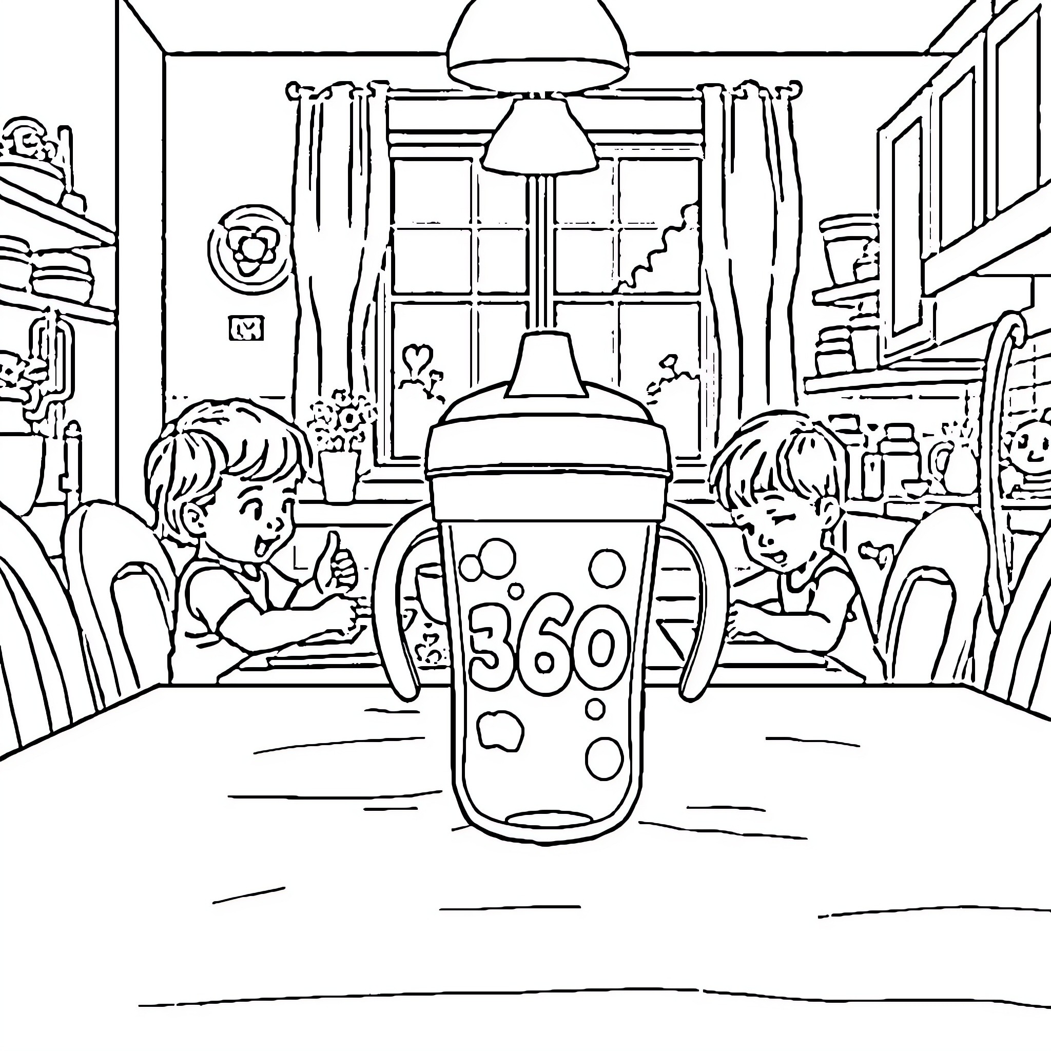Sippy Cup Fun with Friends at Home Coloring Page (free black-and-white line drawing printable PDF for all, from beginners to advanced learners, including children, teens, adults, and seniors)