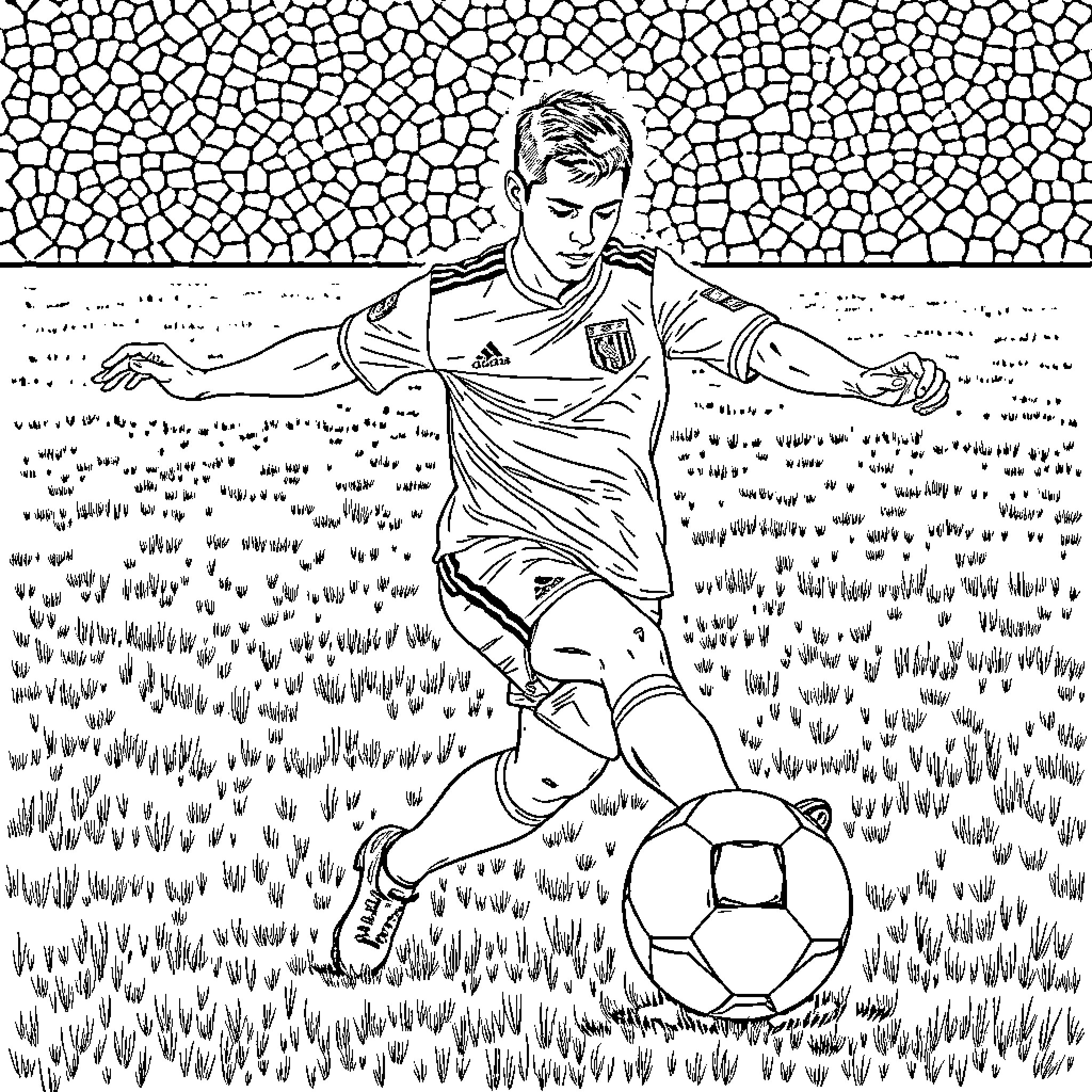 Ronaldo playing soccer on the field Coloring Page (free black-and-white line drawing printable PDF for all, from beginners to advanced learners, including children, teens, adults, and seniors)
