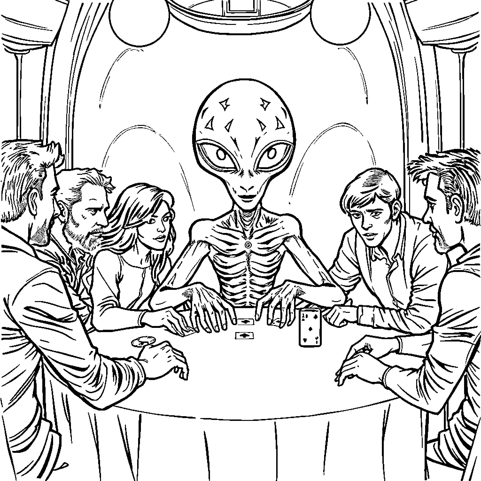 Alien Encounter with Humans at Mysterious Table Coloring Page (free black-and-white line drawing printable PDF for all, from beginners to advanced learners, including children, teens, adults, and seniors)