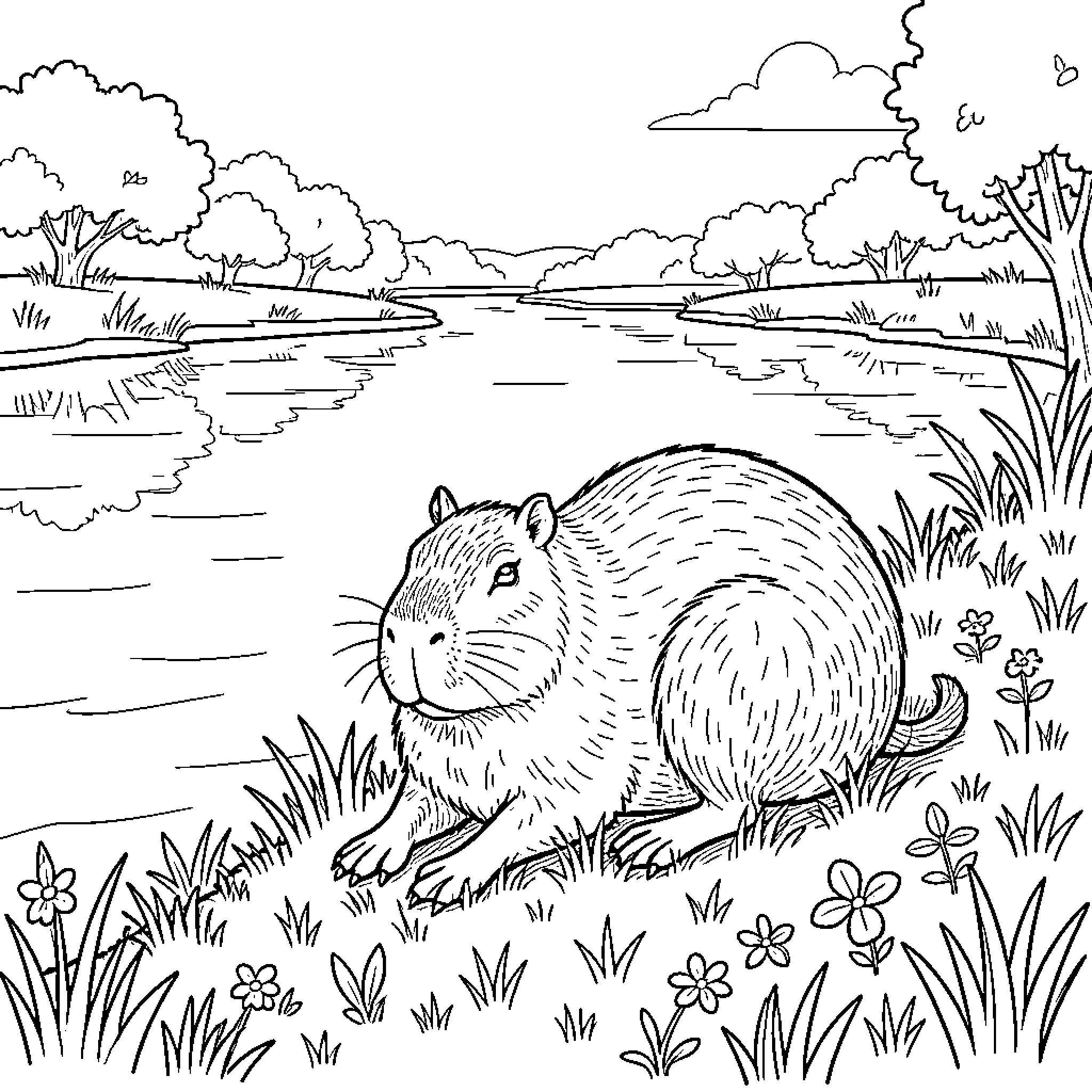 Capybara sitting peacefully by a river in nature Coloring Page (free black-and-white line drawing printable PDF for all, from beginners to advanced learners, including children, teens, adults, and seniors)
