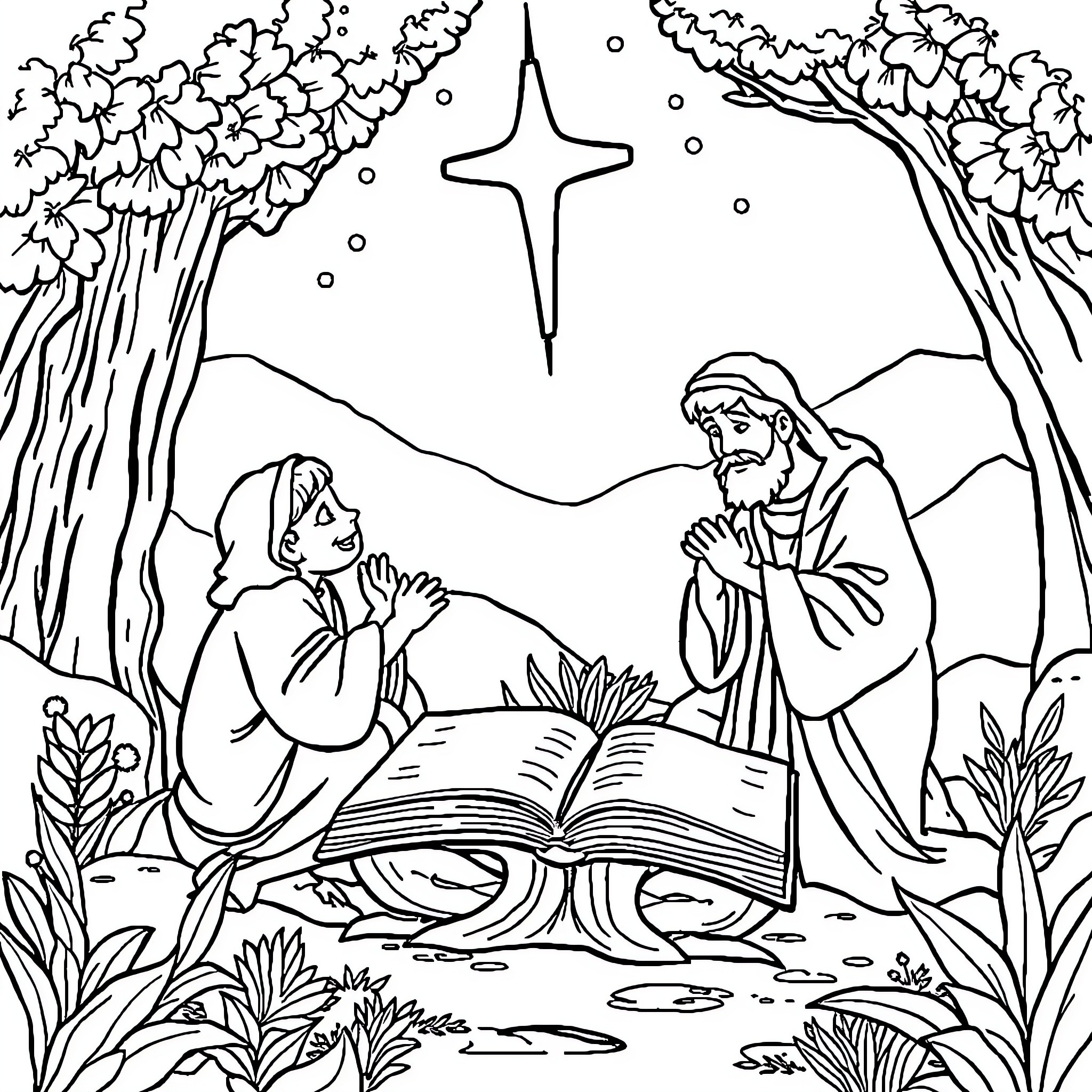 Biblia - People studying the sacred book in nature Coloring Page (free black-and-white line drawing printable PDF for all, from beginners to advanced learners, including children, teens, adults, and seniors)
