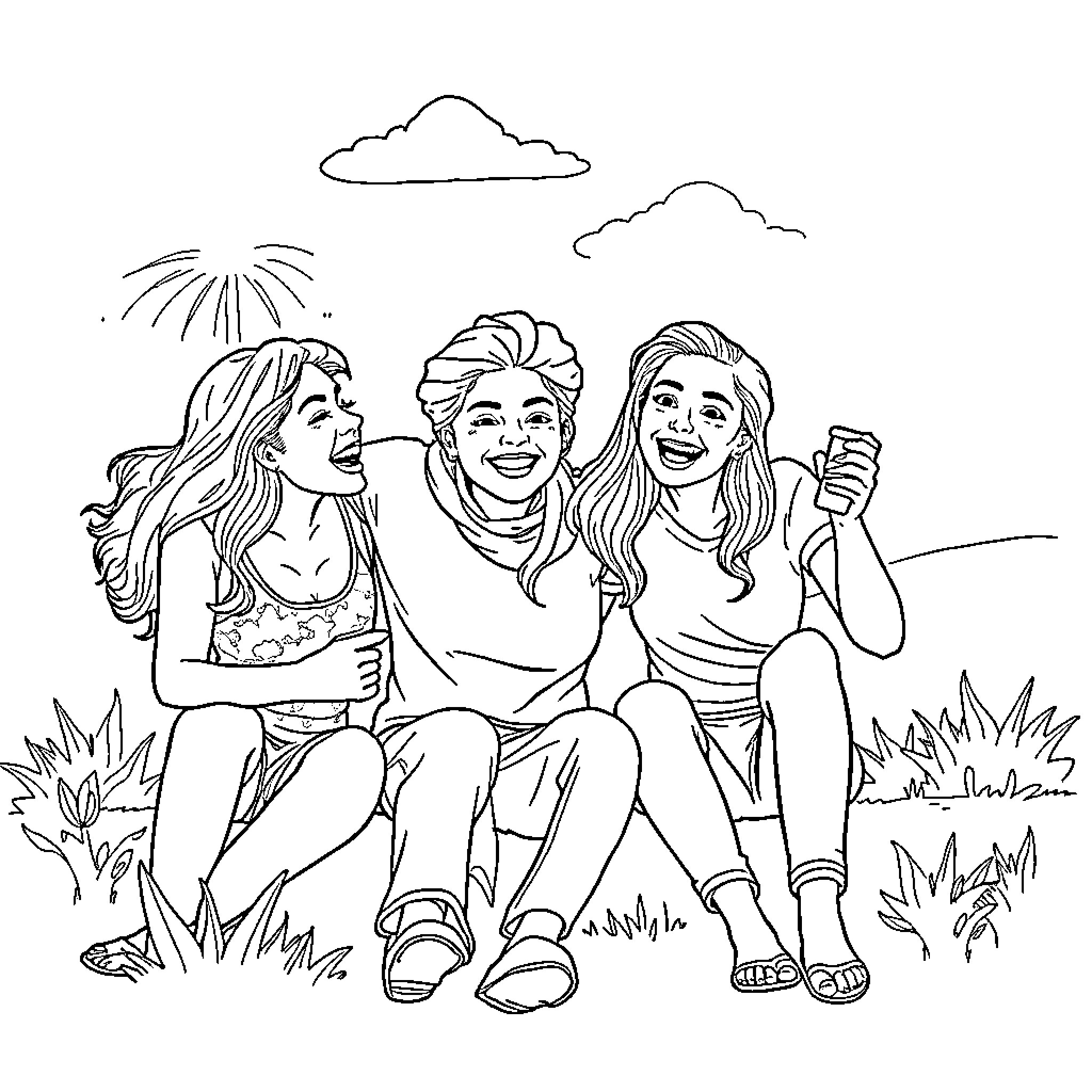 DGEAdama Trio Relaxing in Nature Coloring Page (free black-and-white line drawing printable PDF for all, from beginners to advanced learners, including children, teens, adults, and seniors)