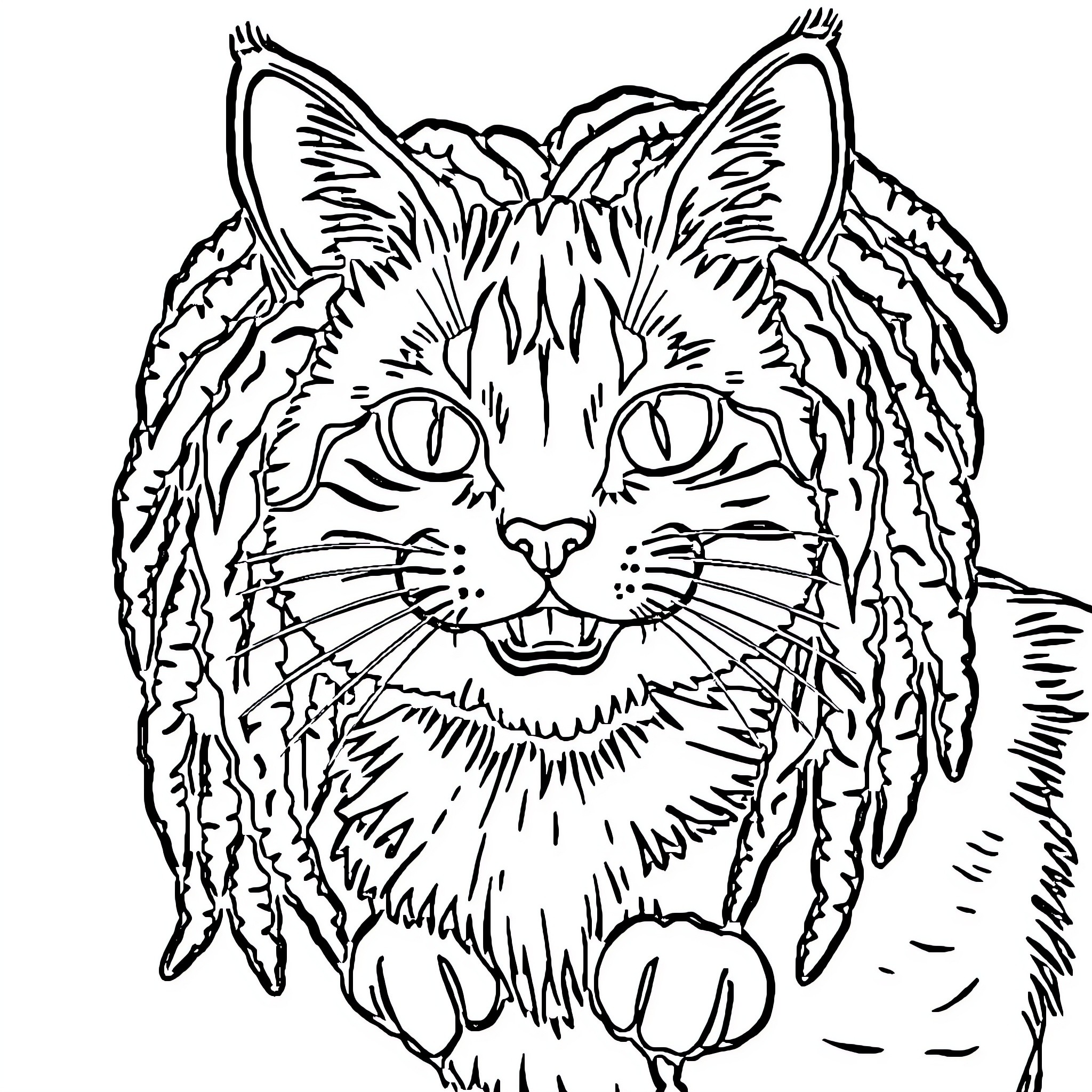 Rasta Cat with Stylish Dreadlocks and Vibrant Expression Coloring Page (free black-and-white line drawing printable PDF for all, from beginners to advanced learners, including children, teens, adults, and seniors)