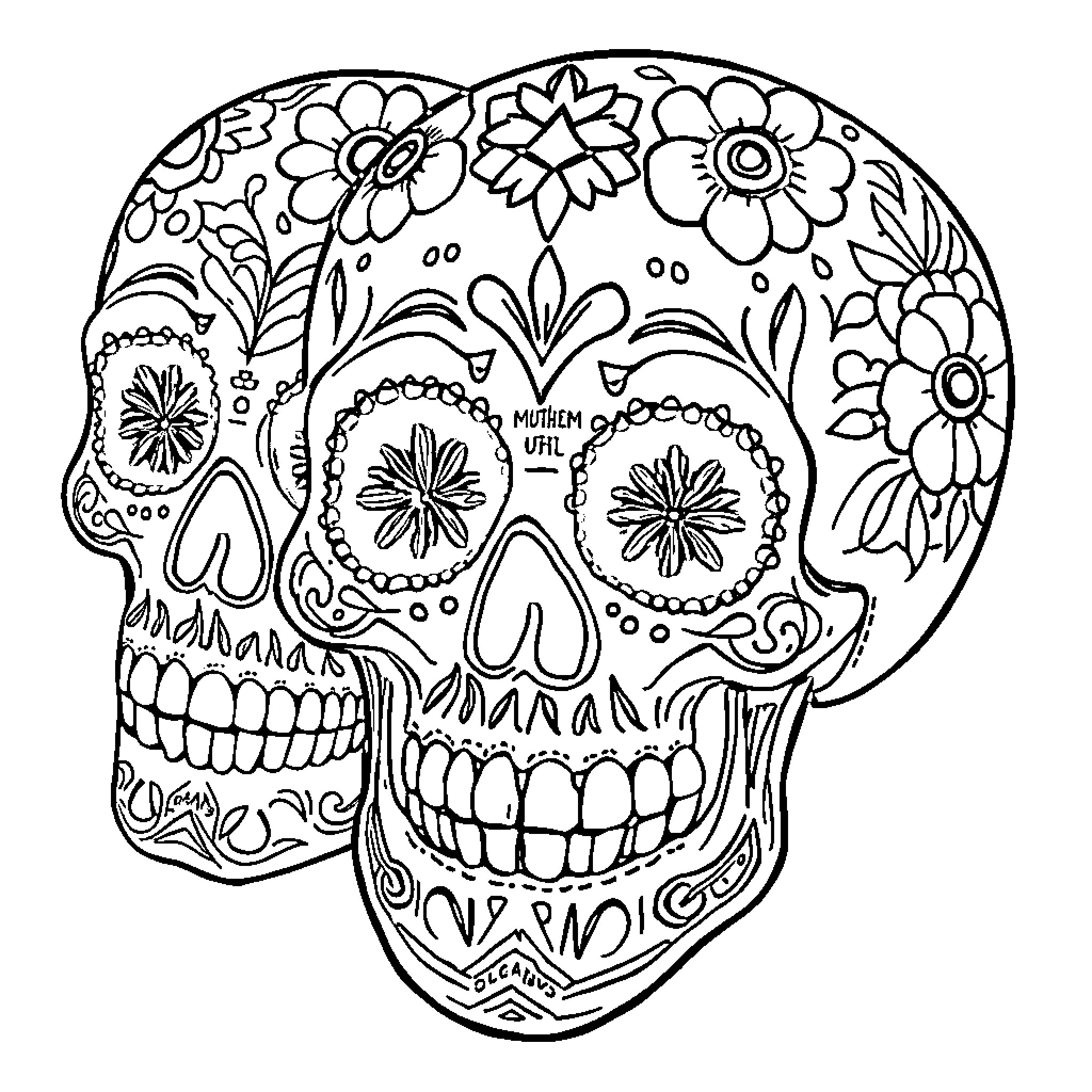 Sugar Skull with Floral Decorations Coloring Page (free black-and-white line drawing printable PDF for all, from beginners to advanced learners, including children, teens, adults, and seniors)