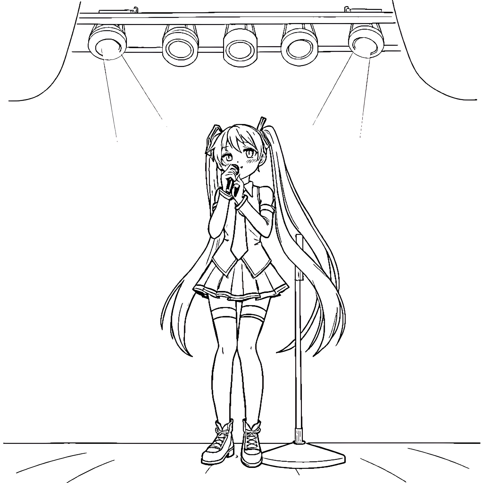 Hatsune Miku performing on stage Coloring Page (free black-and-white line drawing printable PDF for all, from beginners to advanced learners, including children, teens, adults, and seniors)