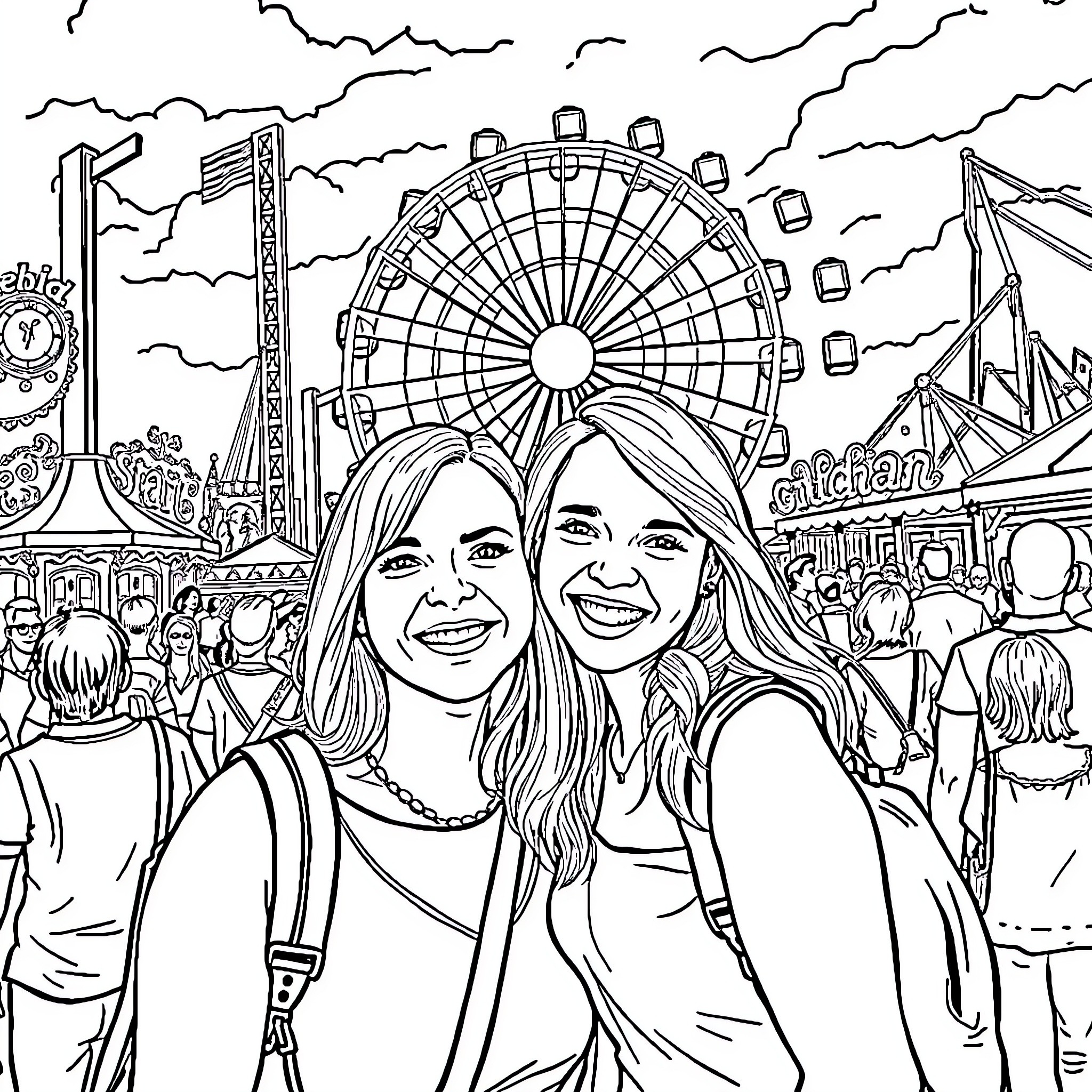 Ms Rachel and Friend at the Carnival Coloring Page (free black-and-white line drawing printable PDF for all, from beginners to advanced learners, including children, teens, adults, and seniors)