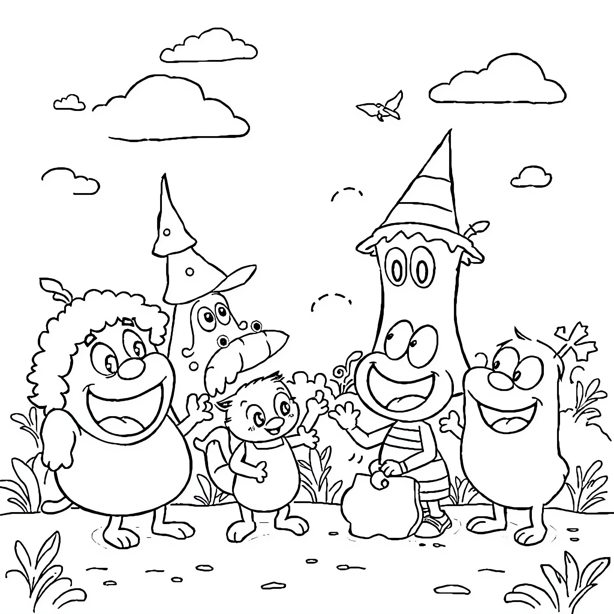 Cartoon characters exploring nature together Coloring Page (free black-and-white line drawing printable PDF for all, from beginners to advanced learners, including children, teens, adults, and seniors)