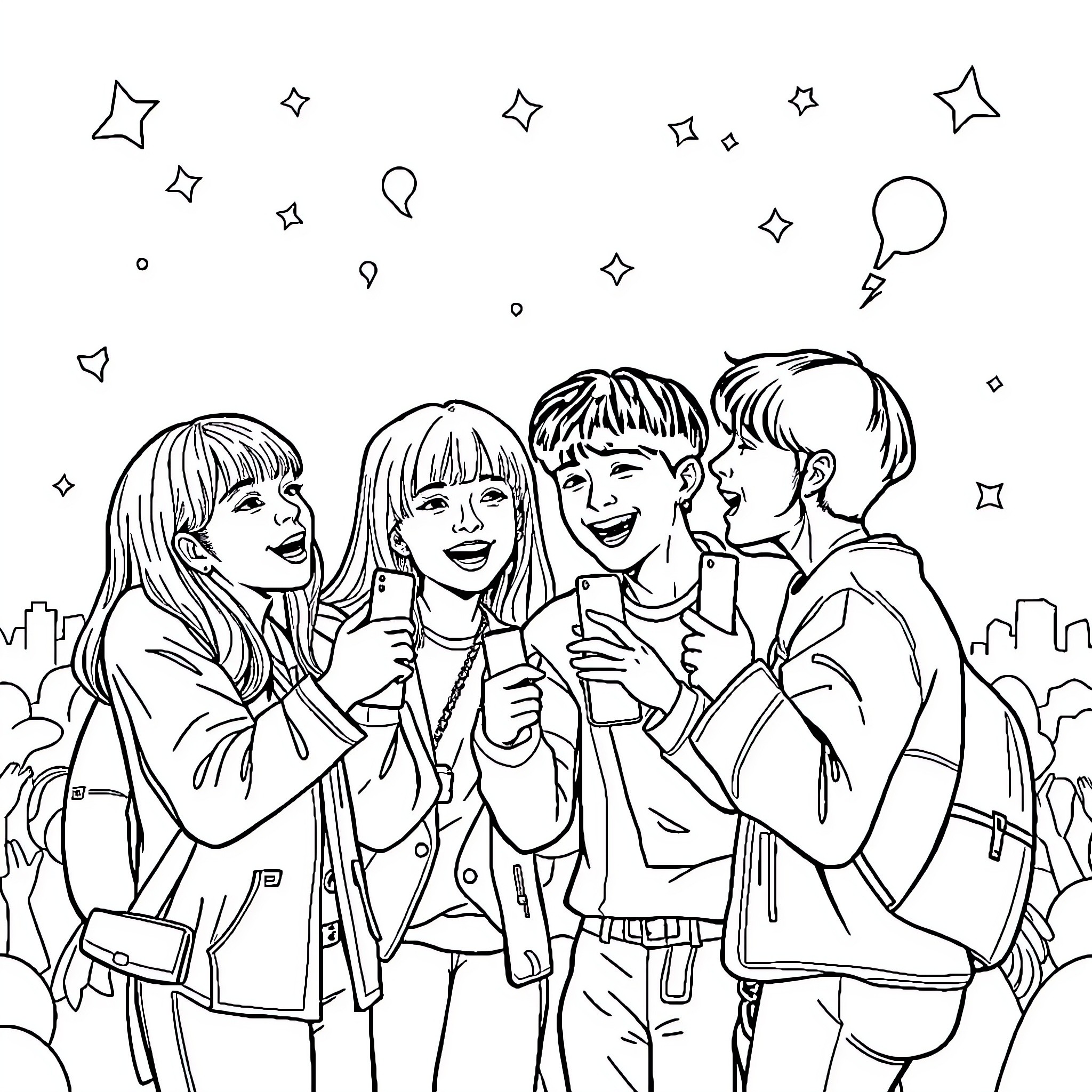 Kpop Cat Friends Enjoying the Moment Coloring Page (free black-and-white line drawing printable PDF for all, from beginners to advanced learners, including children, teens, adults, and seniors)