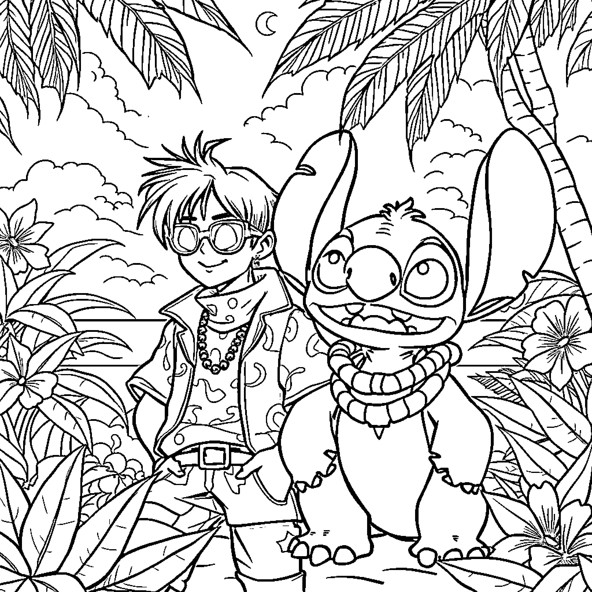K-pop Hunter's Tropical Adventure Coloring Page (free black-and-white line drawing printable PDF for all, from beginners to advanced learners, including children, teens, adults, and seniors)