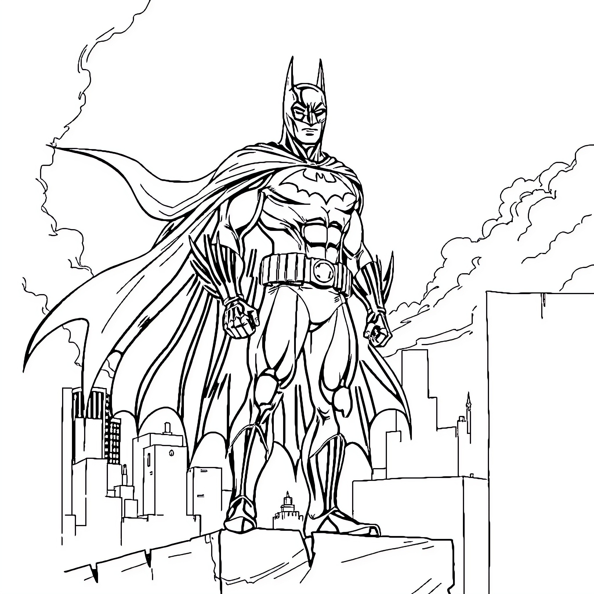 Batman stands tall amid the cityscape Coloring Page (free black-and-white line drawing printable PDF for all, from beginners to advanced learners, including children, teens, adults, and seniors)