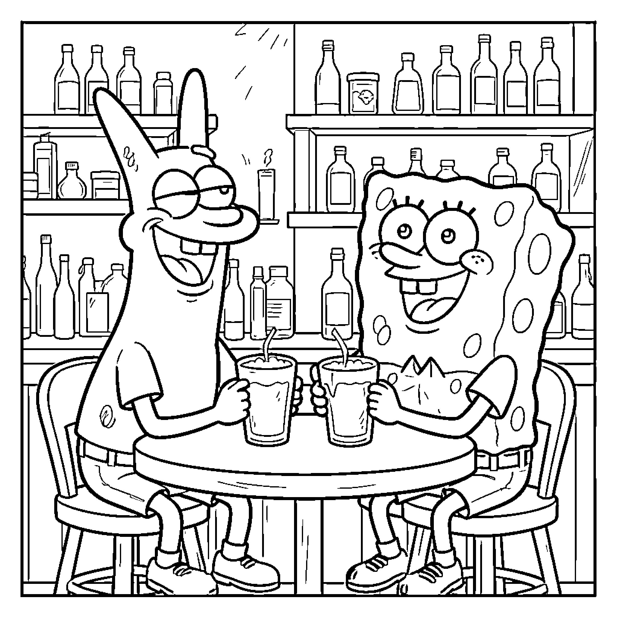 Spongebob and Plankton sharing drinks at a table Coloring Page (free black-and-white line drawing printable PDF for all, from beginners to advanced learners, including children, teens, adults, and seniors)