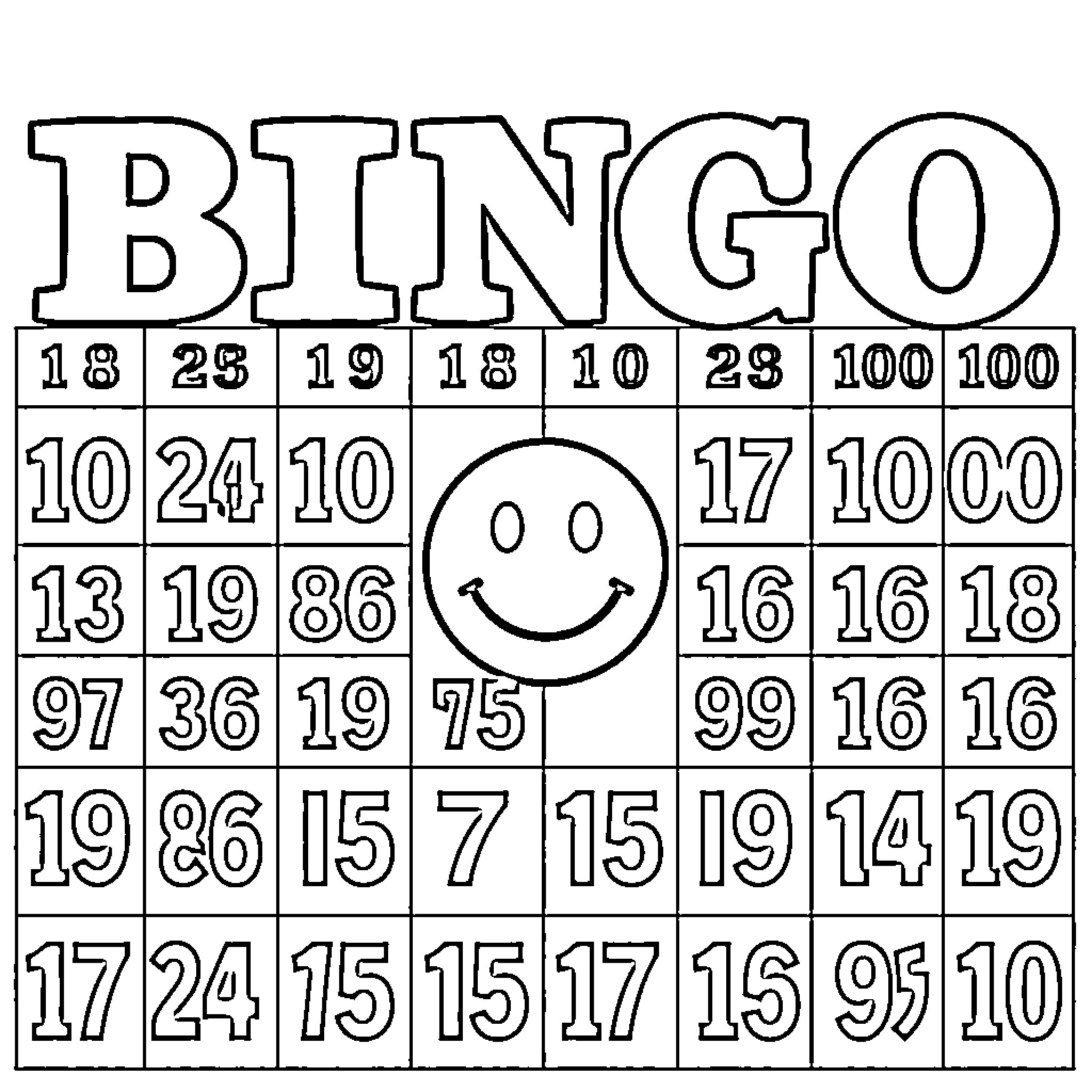 Bingo game board with numbers and smiley face Coloring Page (free black-and-white line drawing printable PDF for all, from beginners to advanced learners, including children, teens, adults, and seniors)