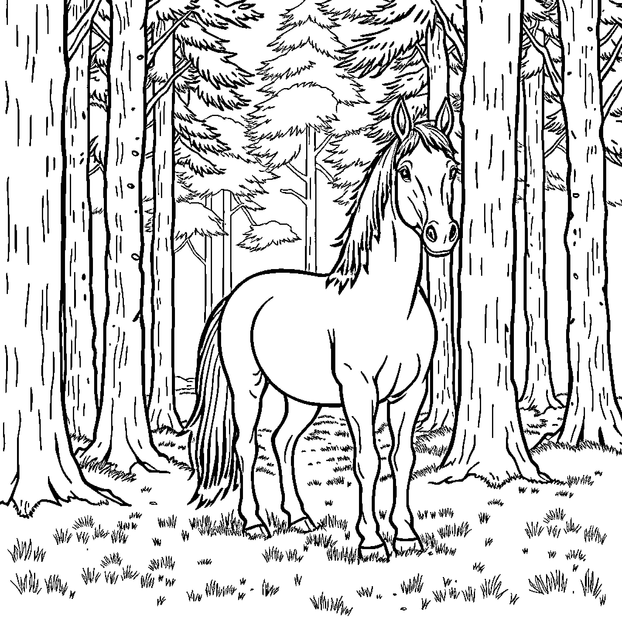 Horse standing in the mysterious forest Coloring Page (free black-and-white line drawing printable PDF for all, from beginners to advanced learners, including children, teens, adults, and seniors)
