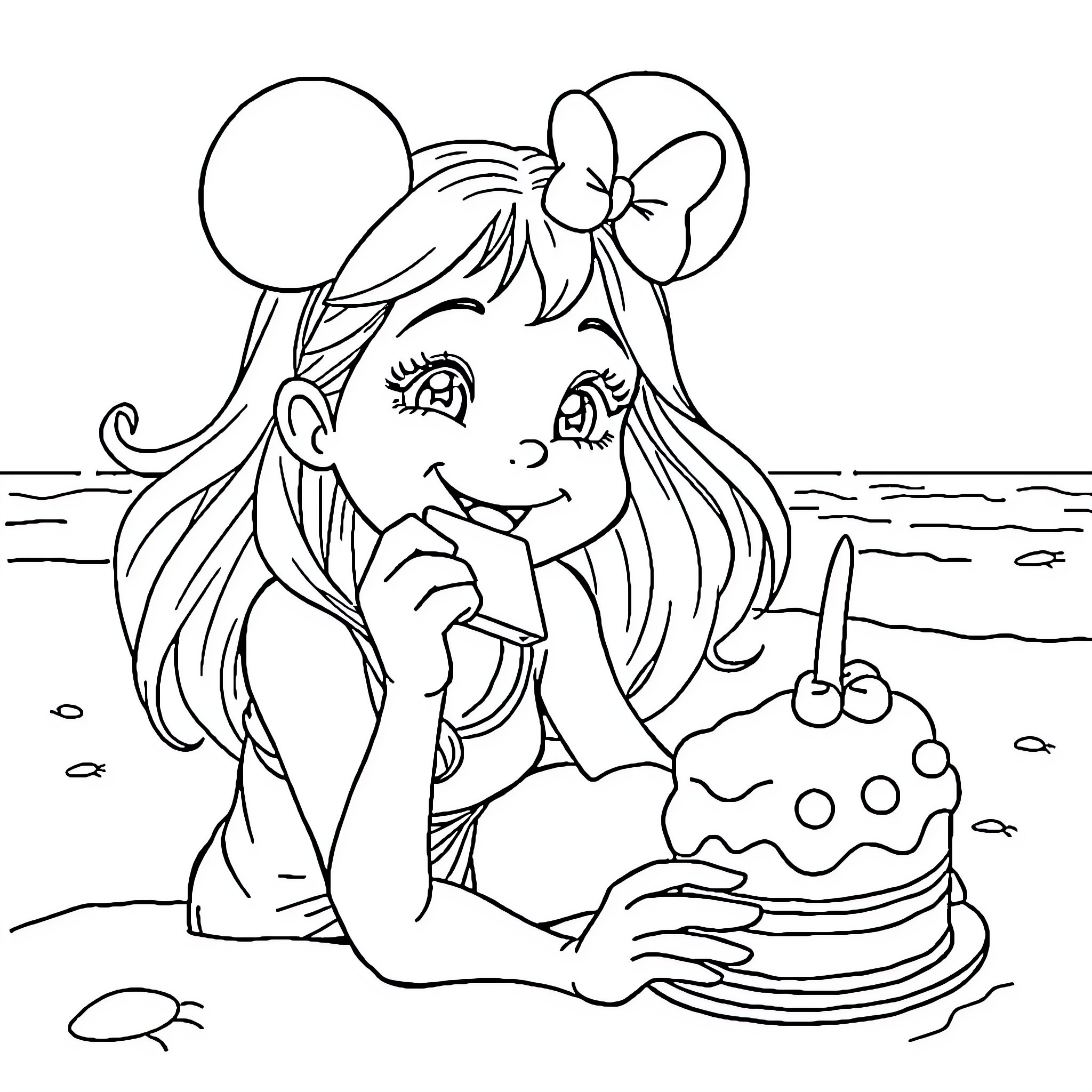 Head of cheerful girl with bow playing on beach Coloring Page (free black-and-white line drawing printable PDF for all, from beginners to advanced learners, including children, teens, adults, and seniors)