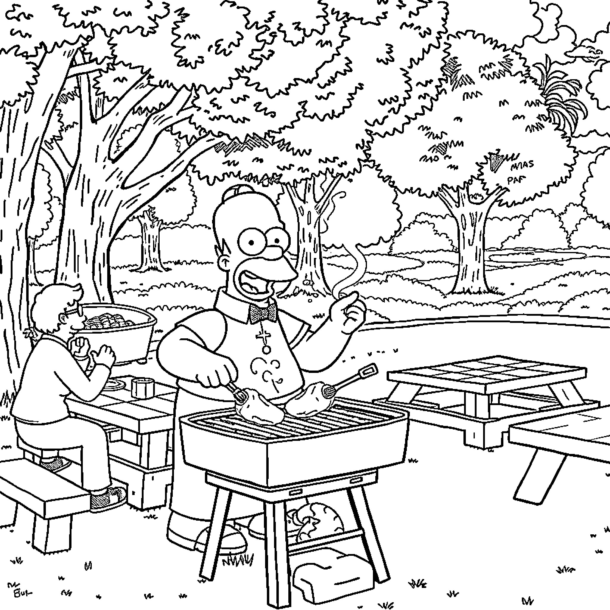 Homer Simpson enjoying a picnic in the park Coloring Page (free black-and-white line drawing printable PDF for all, from beginners to advanced learners, including children, teens, adults, and seniors)