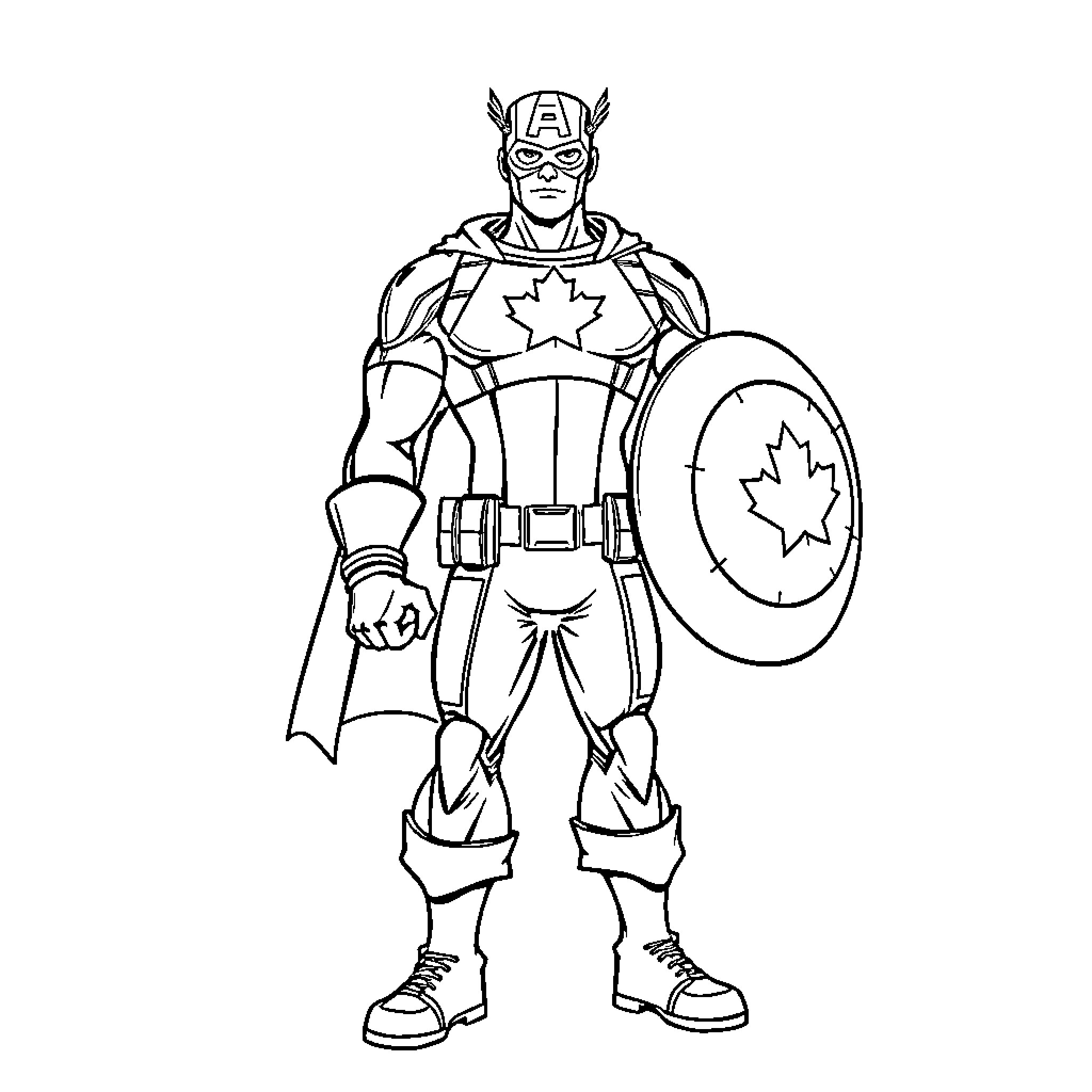 Captain Canada heroically stands ready for action Coloring Page (free black-and-white line drawing printable PDF for all, from beginners to advanced learners, including children, teens, adults, and seniors)