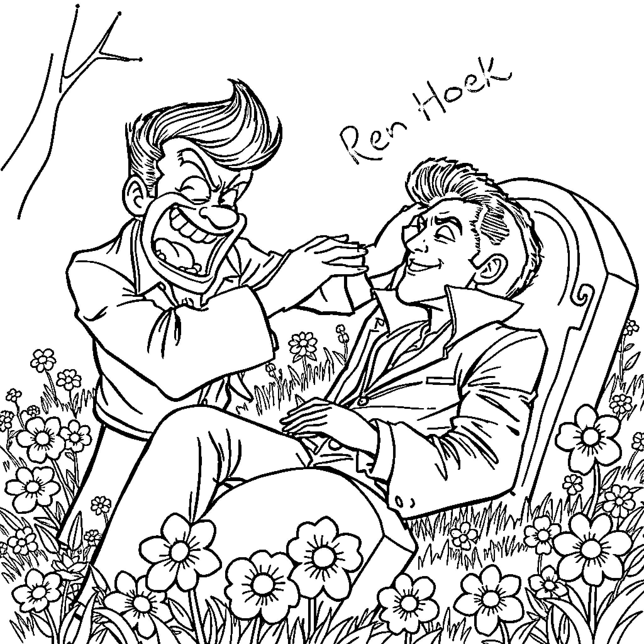Ren Hoek and friend having a friendly encounter in a floral meadow Coloring Page (free black-and-white line drawing printable PDF for all, from beginners to advanced learners, including children, teens, adults, and seniors)