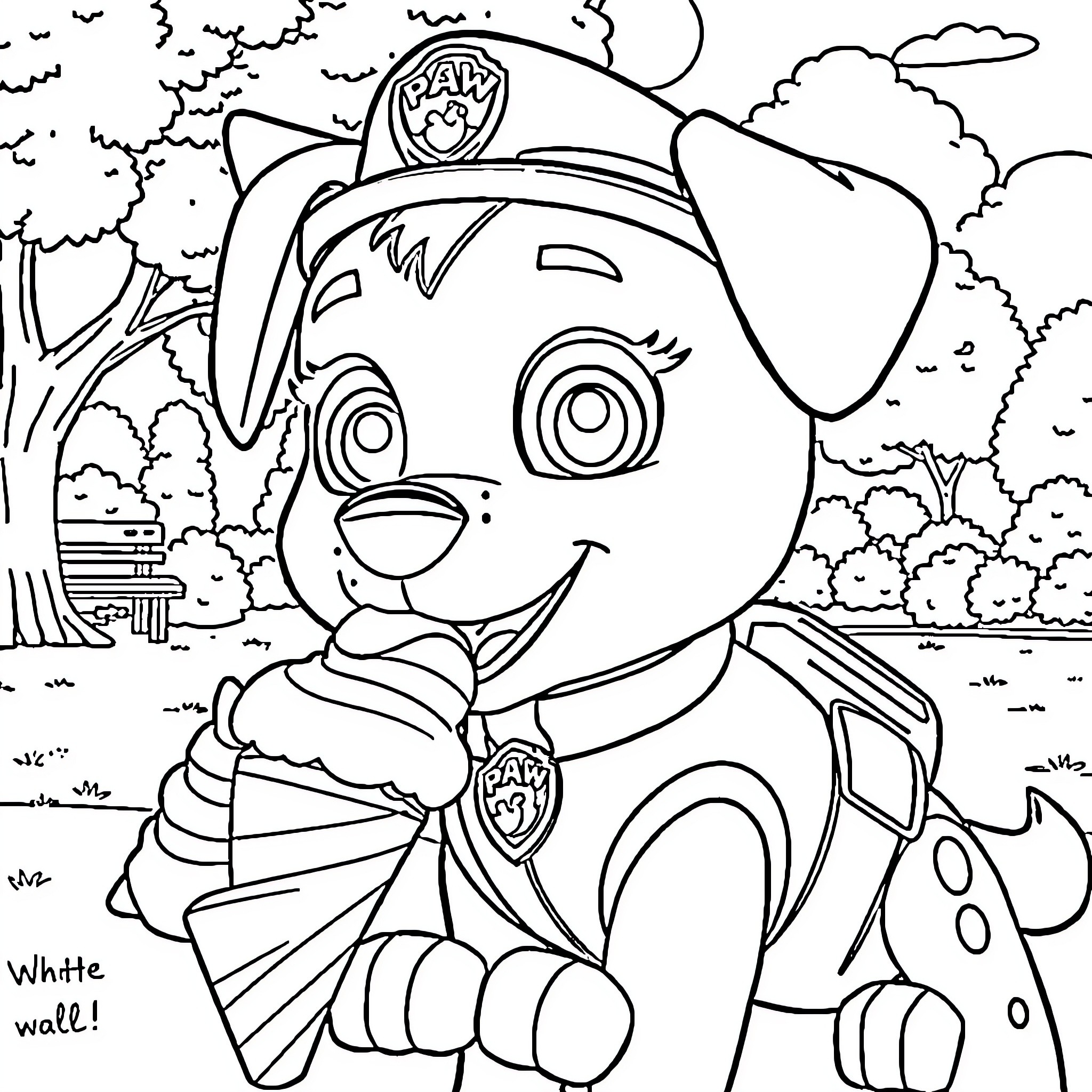 Skye exploring the outdoors in her uniform Coloring Page (free black-and-white line drawing printable PDF for all, from beginners to advanced learners, including children, teens, adults, and seniors)