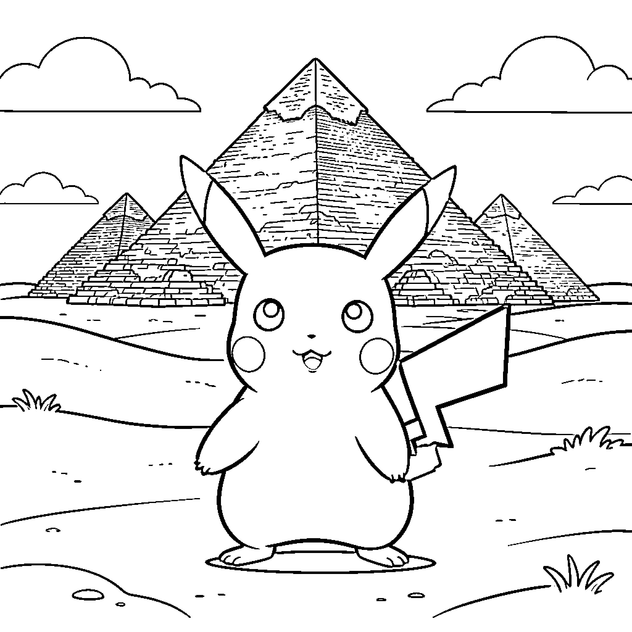 Pikachu explores the ancient pyramids Coloring Page (free black-and-white line drawing printable PDF for all, from beginners to advanced learners, including children, teens, adults, and seniors)