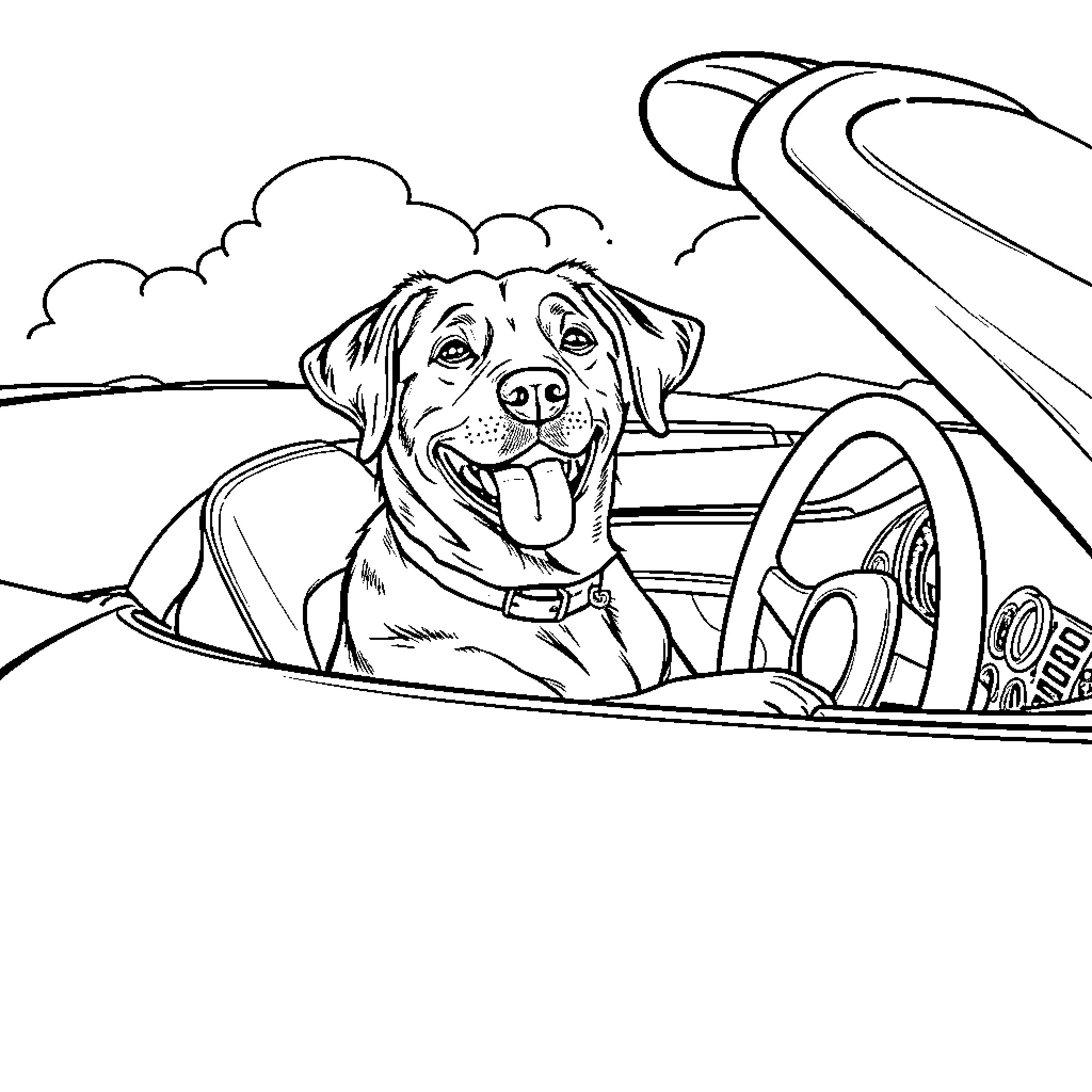 Labrador driving happily in an antique car Coloring Page (free black-and-white line drawing printable PDF for all, from beginners to advanced learners, including children, teens, adults, and seniors)