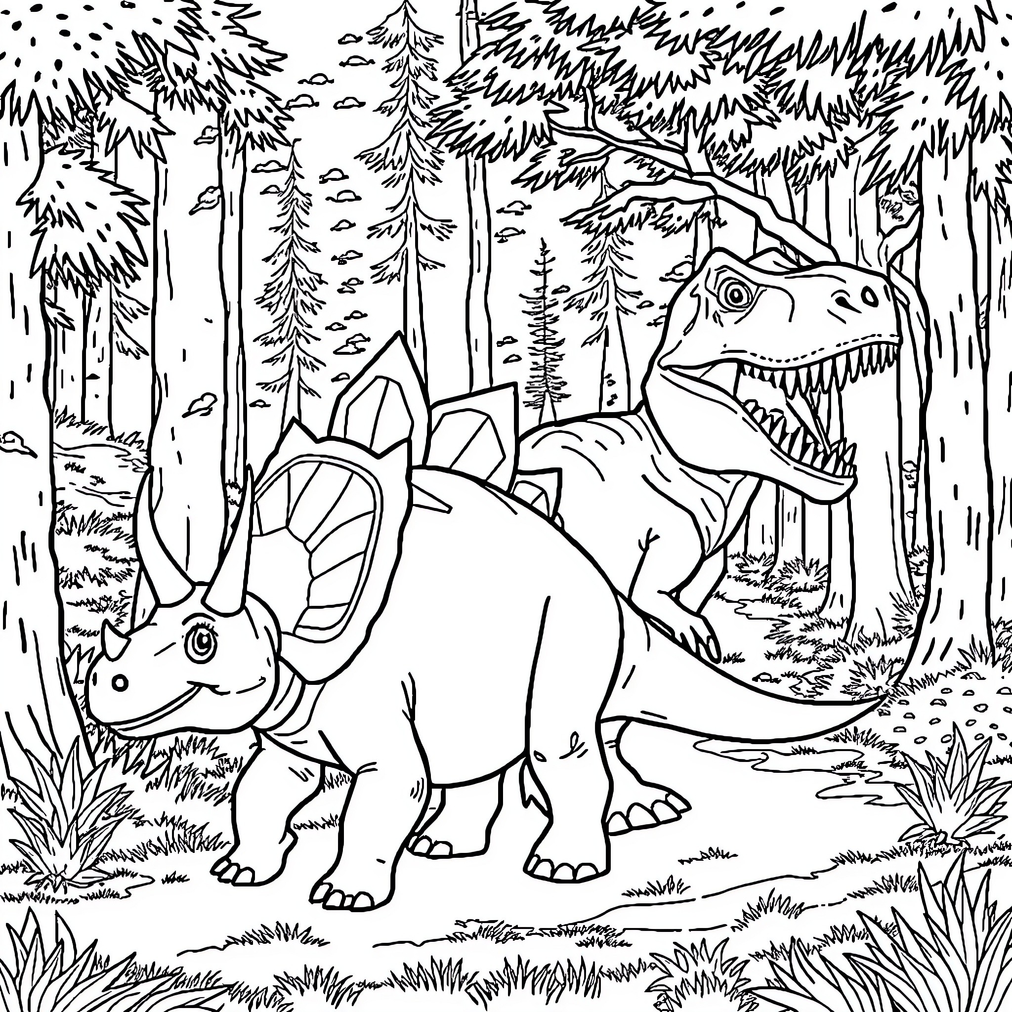 Triceratops roaming through the prehistoric forest Coloring Page (free black-and-white line drawing printable PDF for all, from beginners to advanced learners, including children, teens, adults, and seniors)