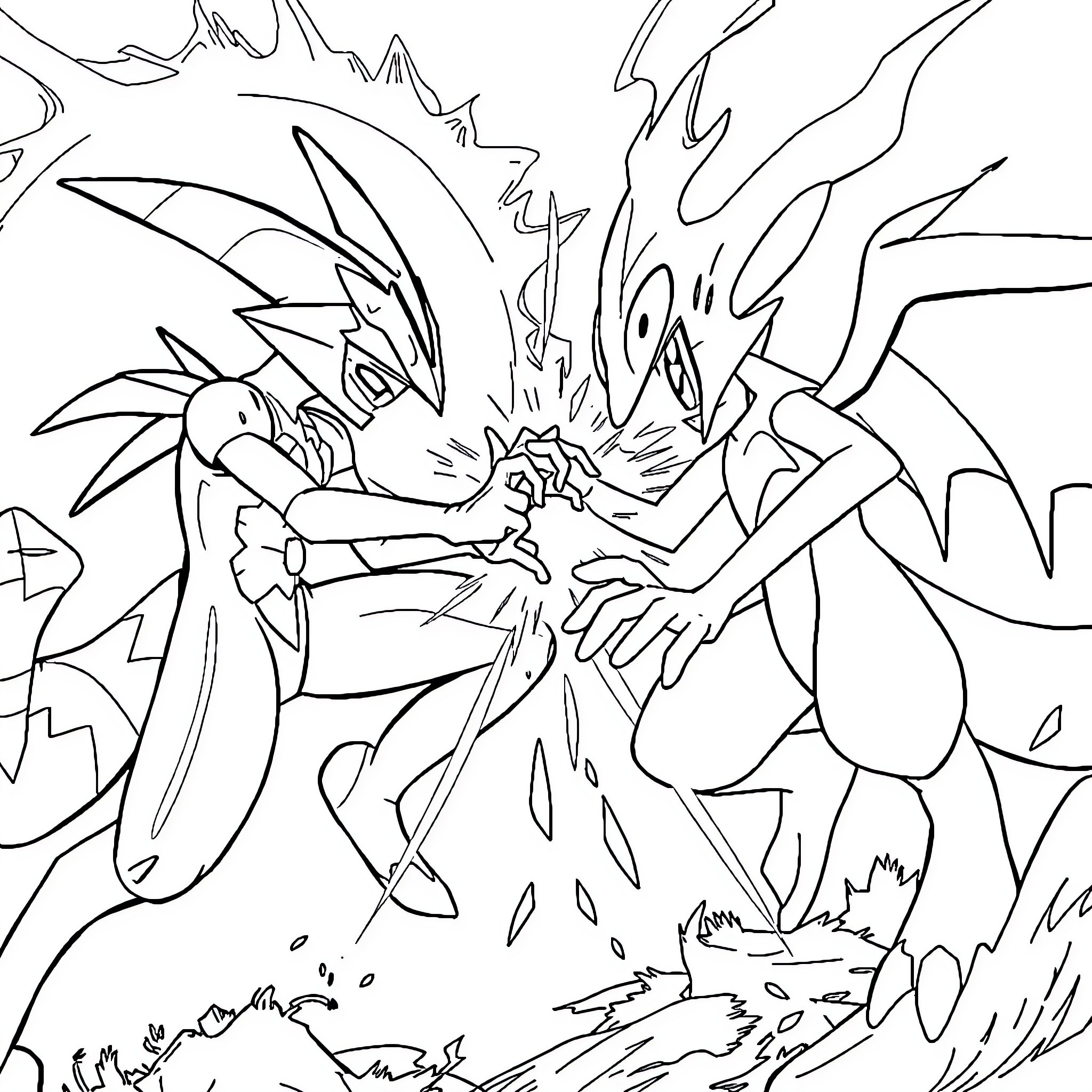 Greninja engaged in intense battle Coloring Page (free black-and-white line drawing printable PDF for all, from beginners to advanced learners, including children, teens, adults, and seniors)