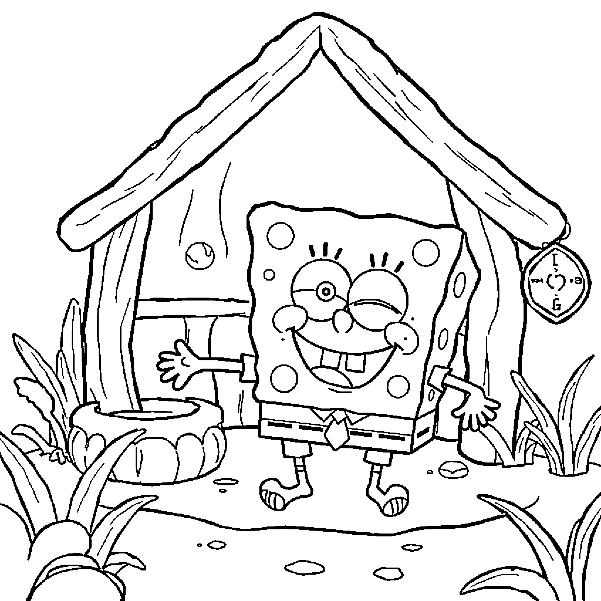 Spongebob enjoying a cozy cottage in the wilderness Coloring Page (free black-and-white line drawing printable PDF for all, from beginners to advanced learners, including children, teens, adults, and seniors)