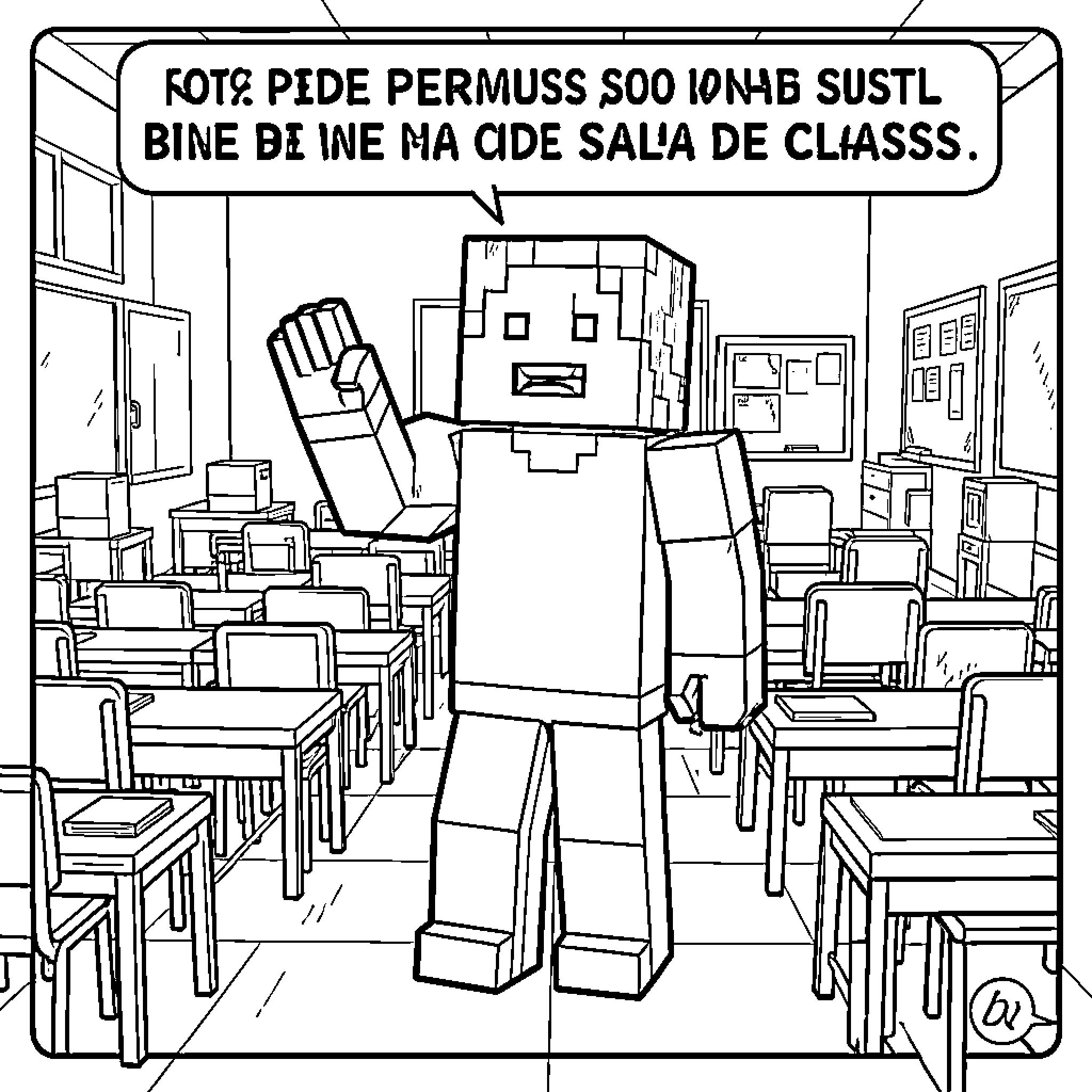 Minecraft Character Sitting Alone in Classroom Coloring Page (free black-and-white line drawing printable PDF for all, from beginners to advanced learners, including children, teens, adults, and seniors)