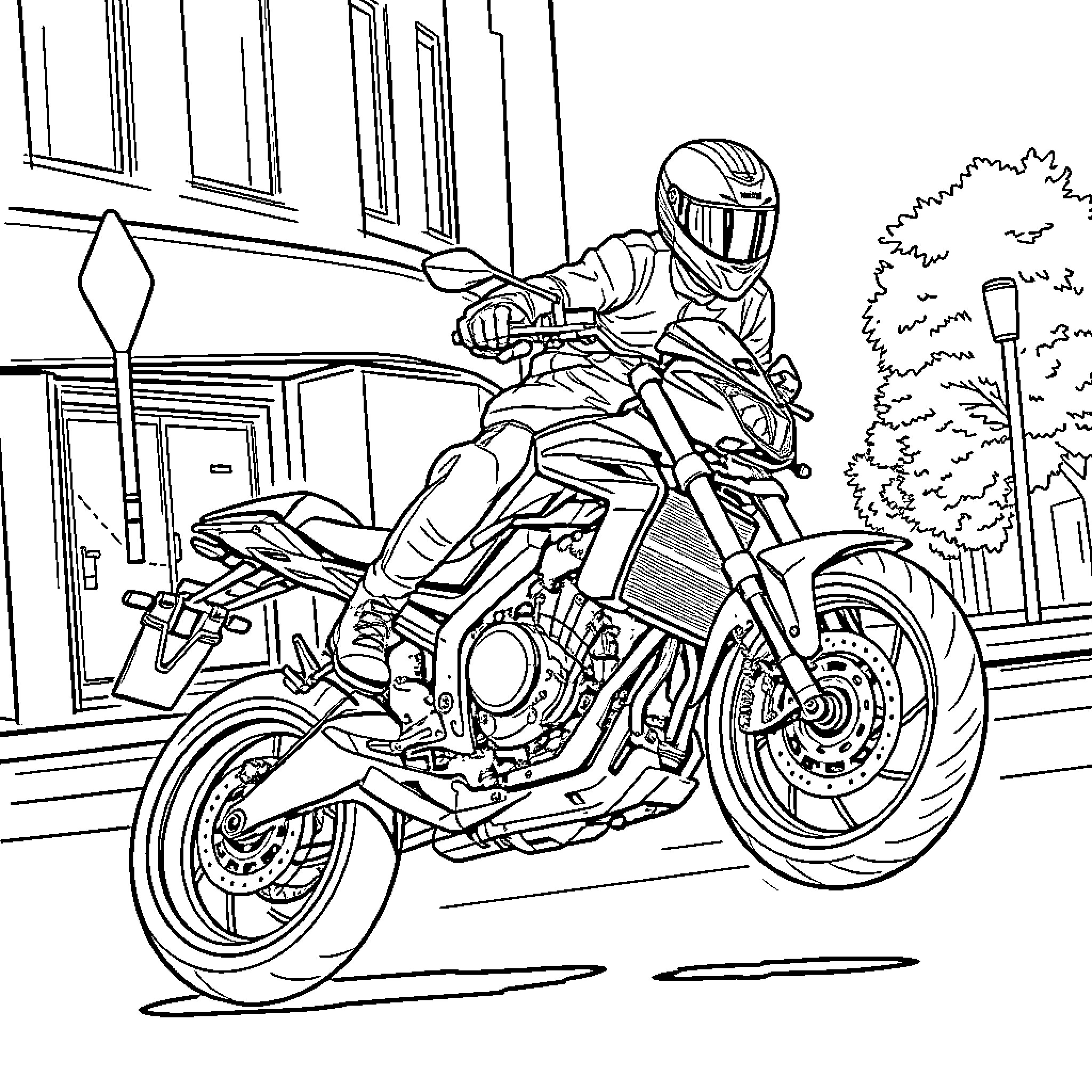 Motorcycle rider speeding through city streets Coloring Page (free black-and-white line drawing printable PDF for all, from beginners to advanced learners, including children, teens, adults, and seniors)