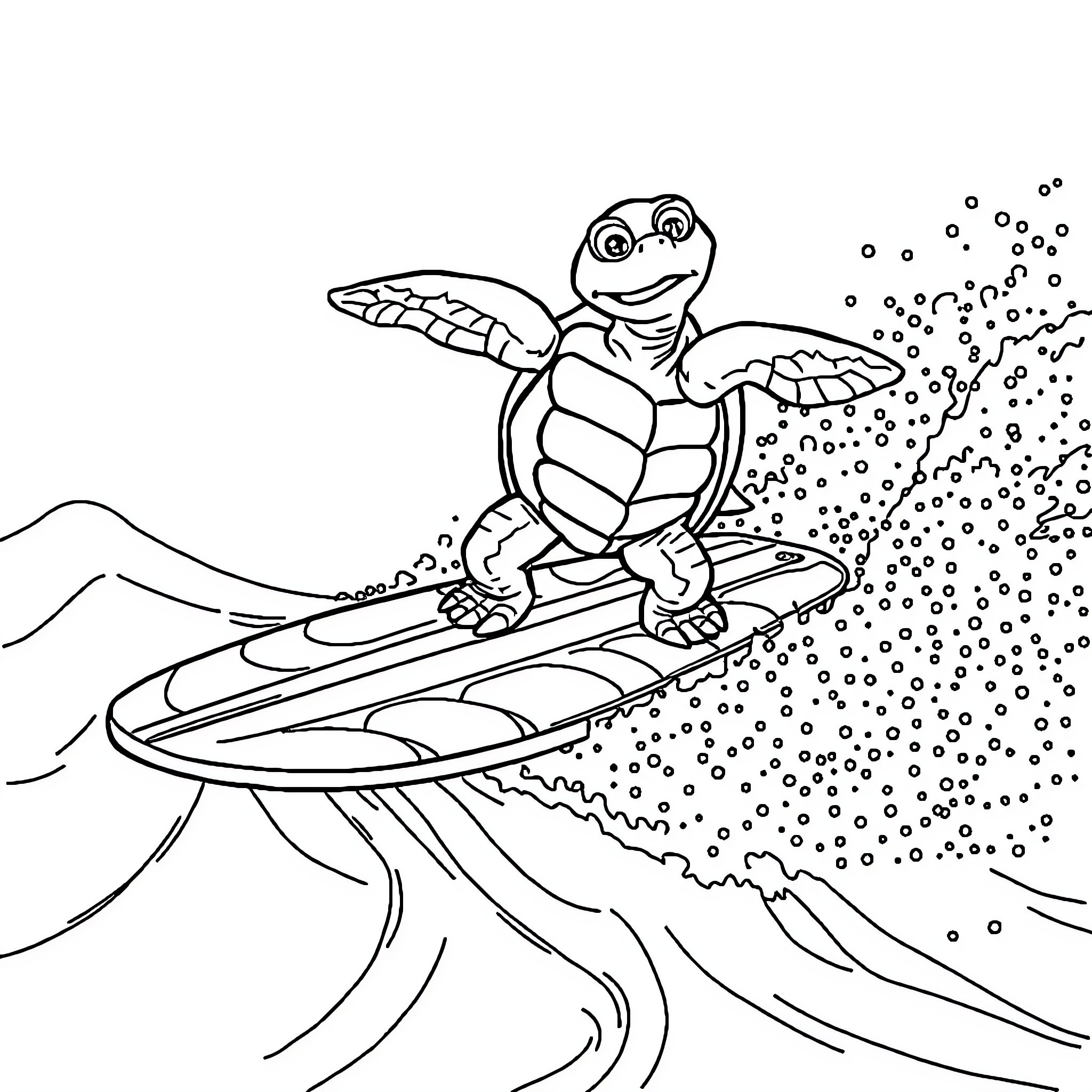 Turtle surfing waves with enthusiasm Coloring Page (free black-and-white line drawing printable PDF for all, from beginners to advanced learners, including children, teens, adults, and seniors)
