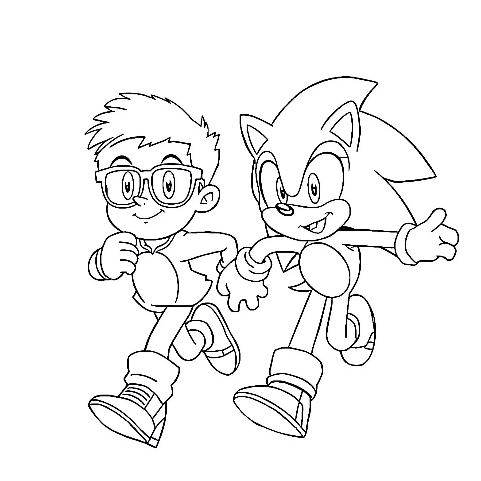 Boy and Cartoon Character Playfully Interacting Coloring Page (free black-and-white line drawing printable PDF for all, from beginners to advanced learners, including children, teens, adults, and seniors)
