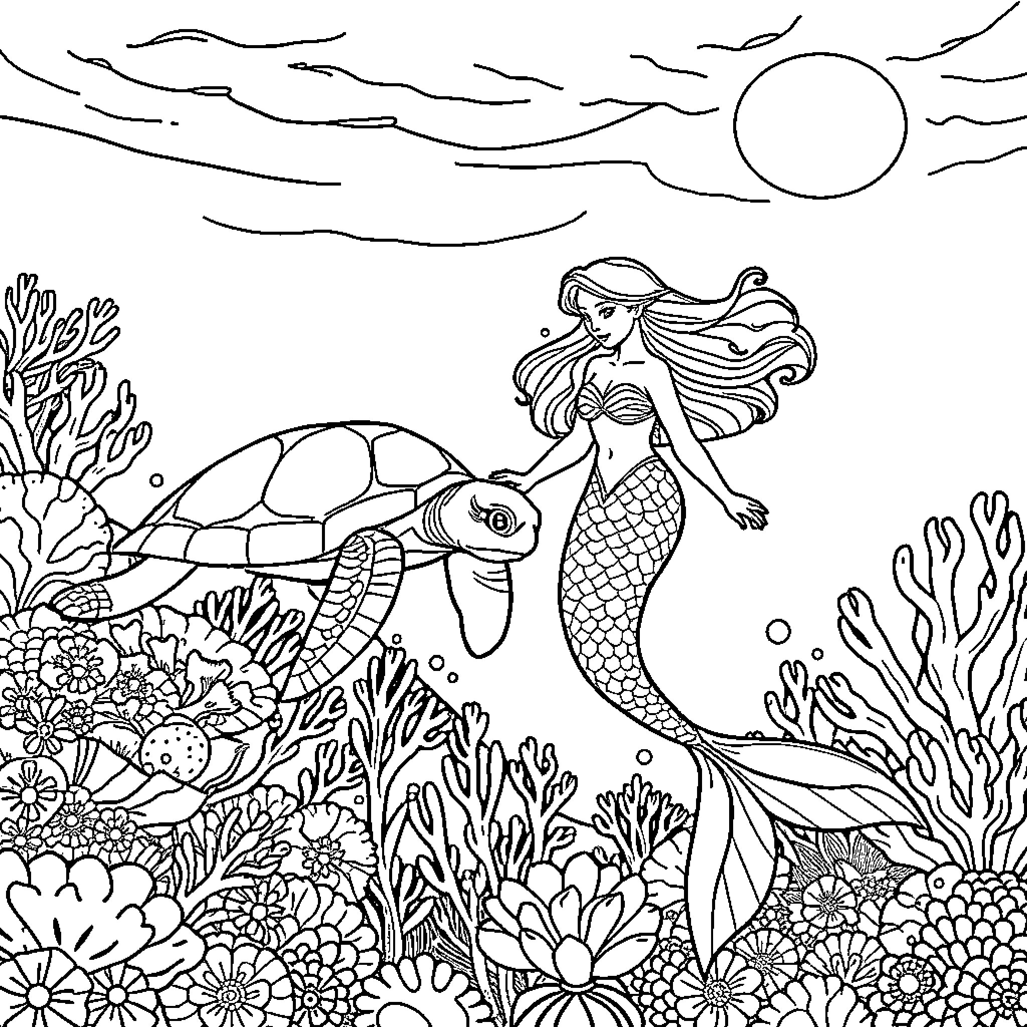 Mermaid exploring an underwater wonderland Coloring Page (free black-and-white line drawing printable PDF for all, from beginners to advanced learners, including children, teens, adults, and seniors)