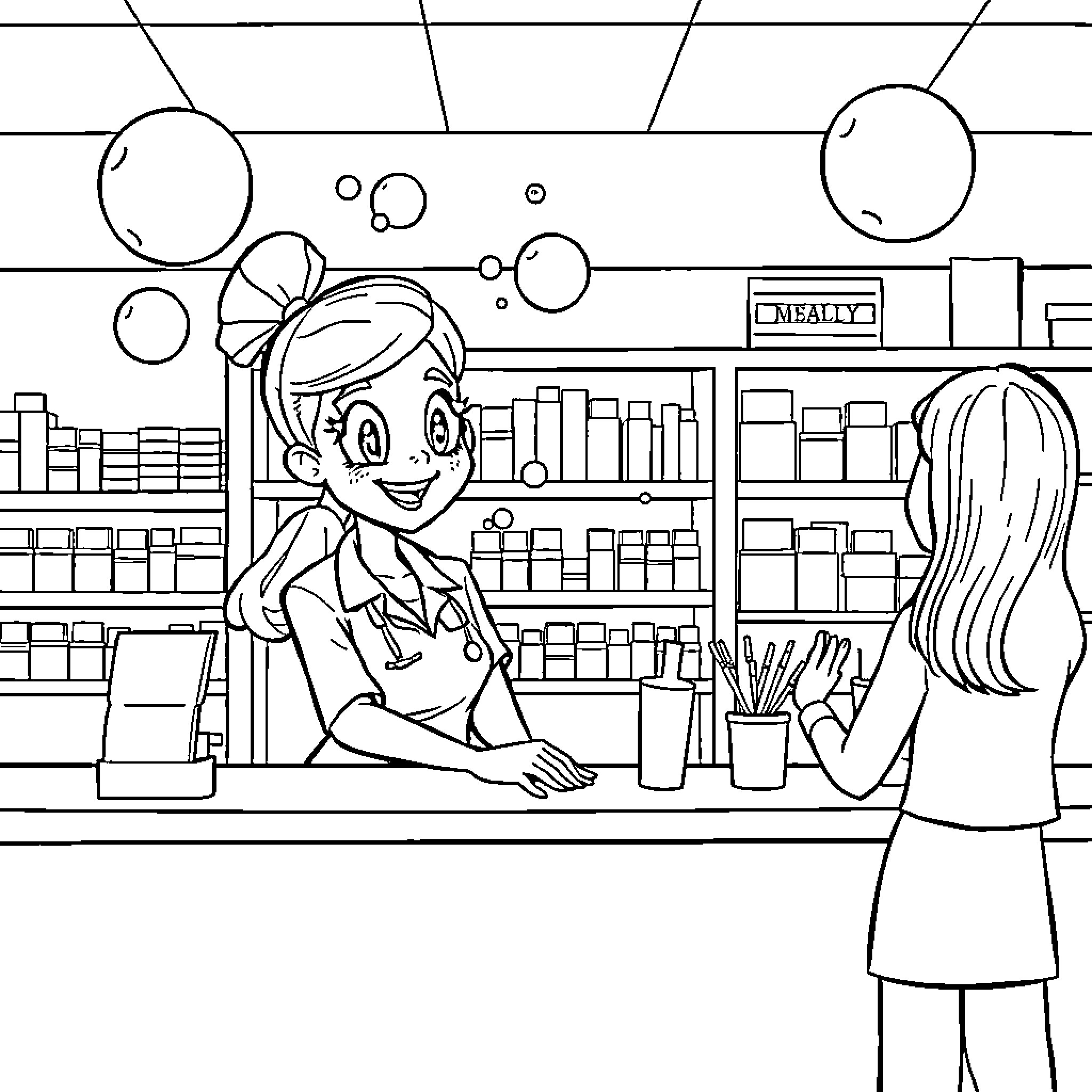 Bubbles in the Pharmacy: Customer Service and Interactions Coloring Page (free black-and-white line drawing printable PDF for all, from beginners to advanced learners, including children, teens, adults, and seniors)