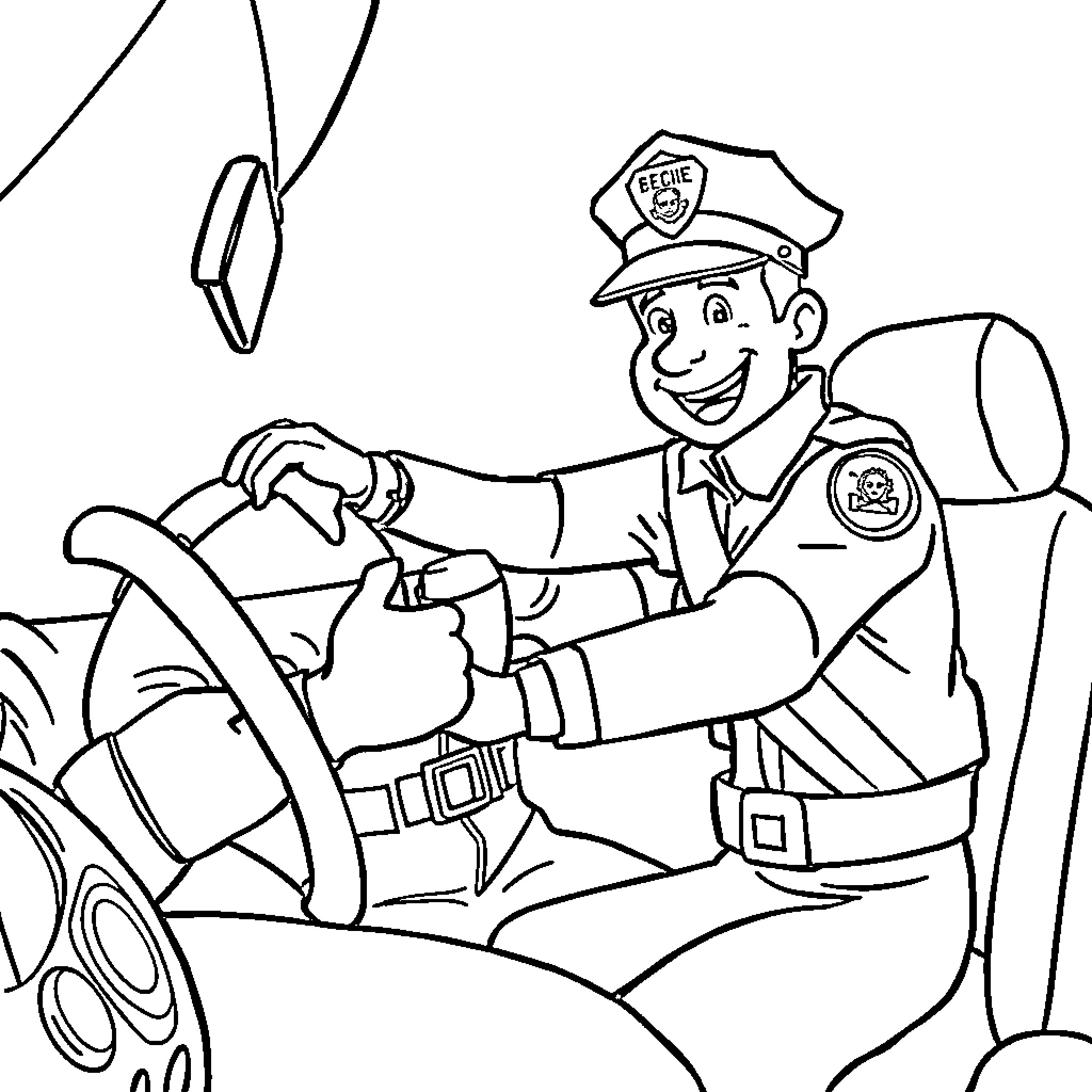 Policier directing traffic in a patrol car Coloring Page (free black-and-white line drawing printable PDF for all, from beginners to advanced learners, including children, teens, adults, and seniors)