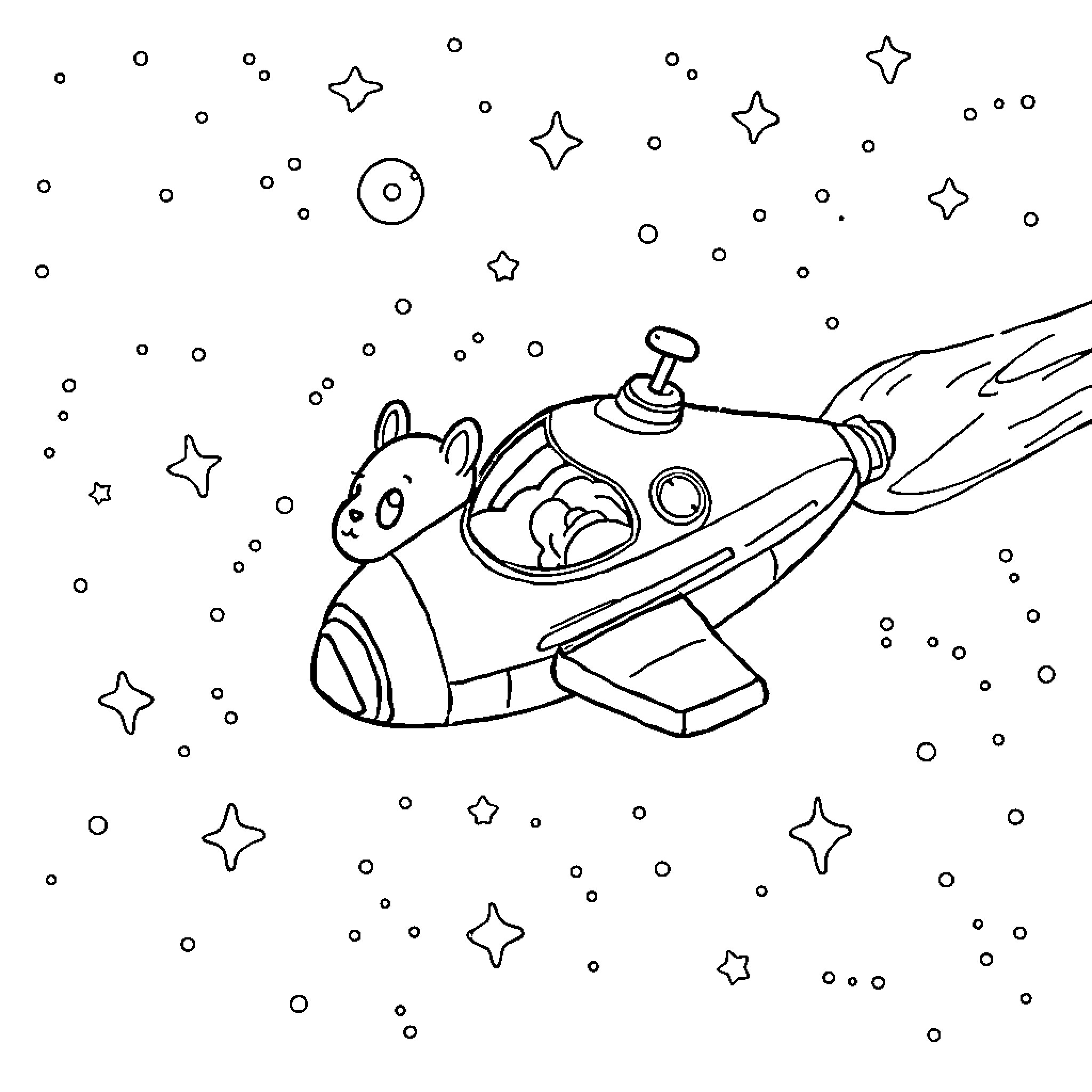 Spaceship exploring the starry night sky Coloring Page (free black-and-white line drawing printable PDF for all, from beginners to advanced learners, including children, teens, adults, and seniors)