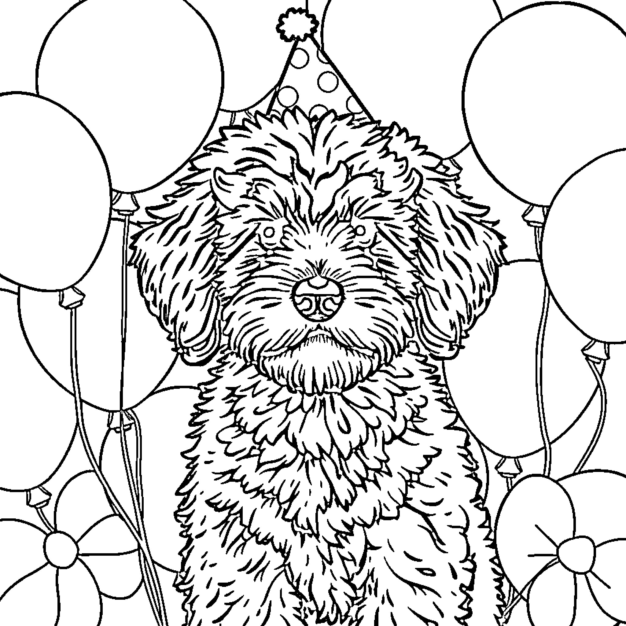 Doodle Party Puppy with Balloons Coloring Page (free black-and-white line drawing printable PDF for all, from beginners to advanced learners, including children, teens, adults, and seniors)