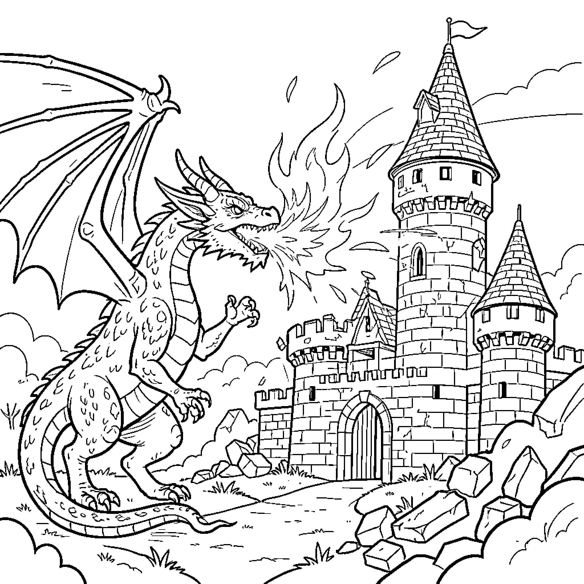 Dragon breathing fire towards a large stone castle Coloring Page (free black-and-white line drawing printable PDF for all, from beginners to advanced learners, including children, teens, adults, and seniors)