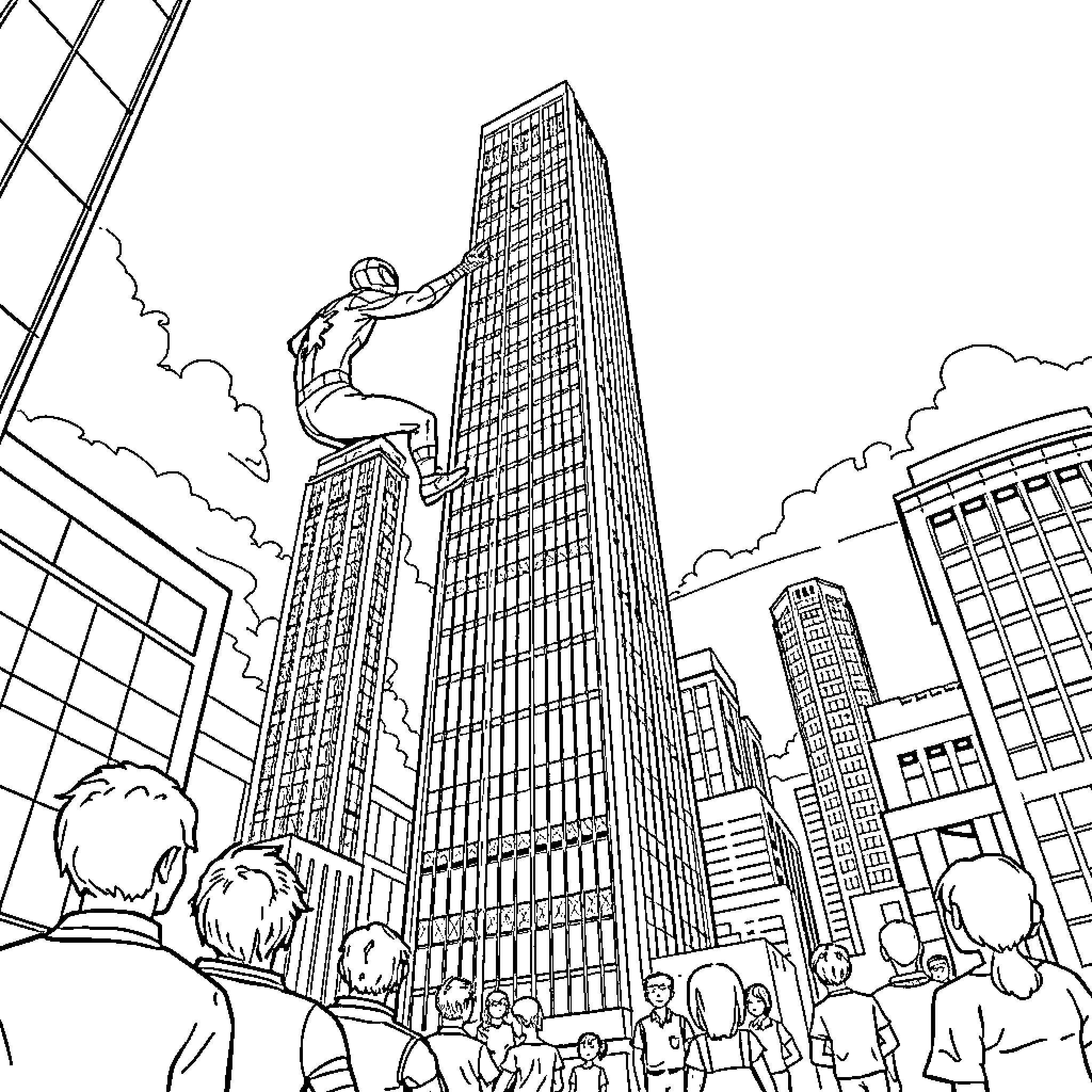 Spider-Man swinging through the city skyline Coloring Page (free black-and-white line drawing printable PDF for all, from beginners to advanced learners, including children, teens, adults, and seniors)