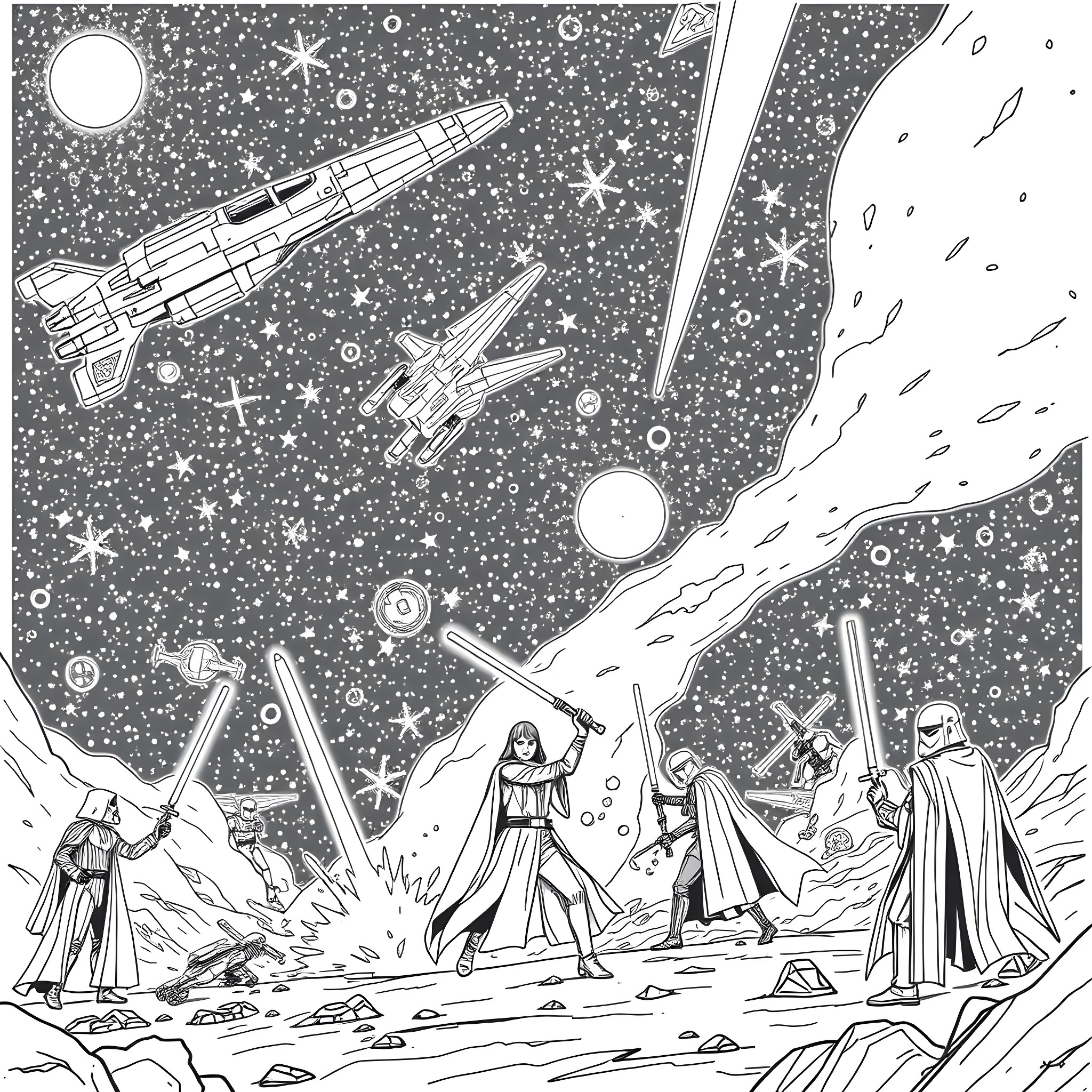Star Wars: Epic battle in the galactic cosmos Coloring Page (free black-and-white line drawing printable PDF for all, from beginners to advanced learners, including children, teens, adults, and seniors)