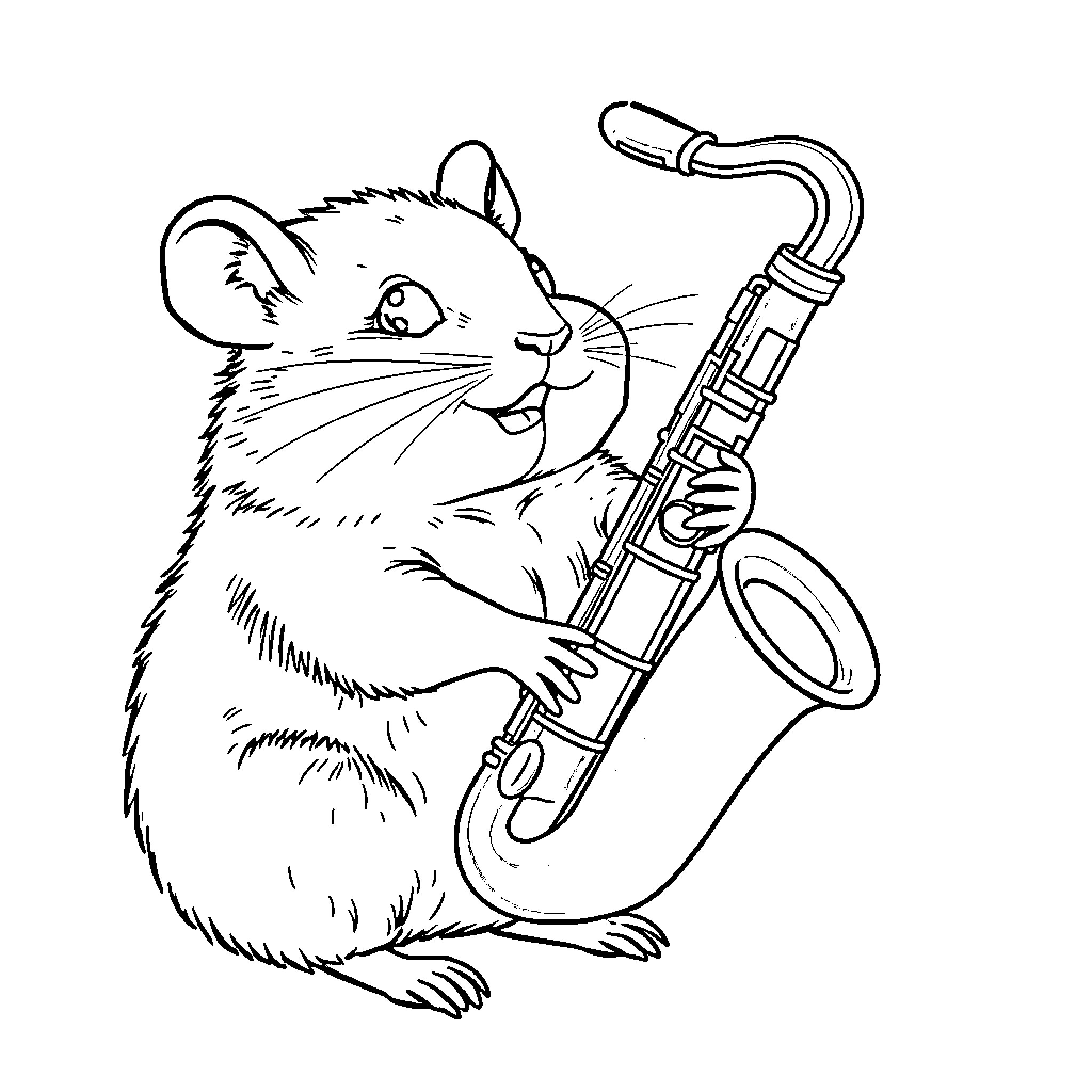 Hamster playing saxophone in a lively performance Coloring Page (free black-and-white line drawing printable PDF for all, from beginners to advanced learners, including children, teens, adults, and seniors)