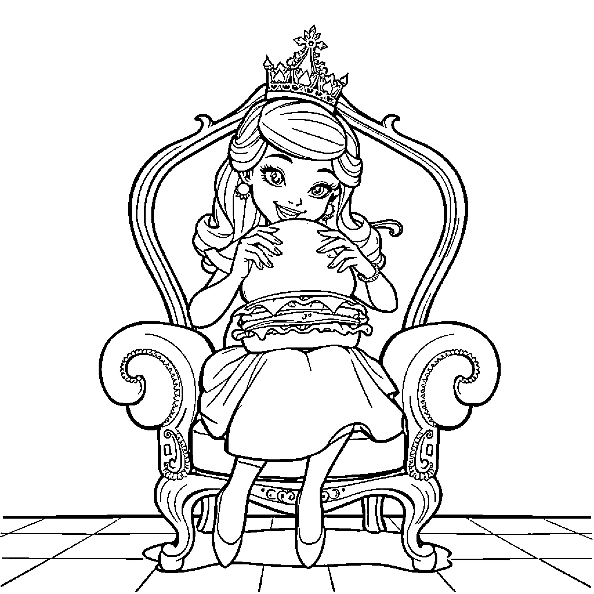Princess sitting on ornate throne Coloring Page (free black-and-white line drawing printable PDF for all, from beginners to advanced learners, including children, teens, adults, and seniors)