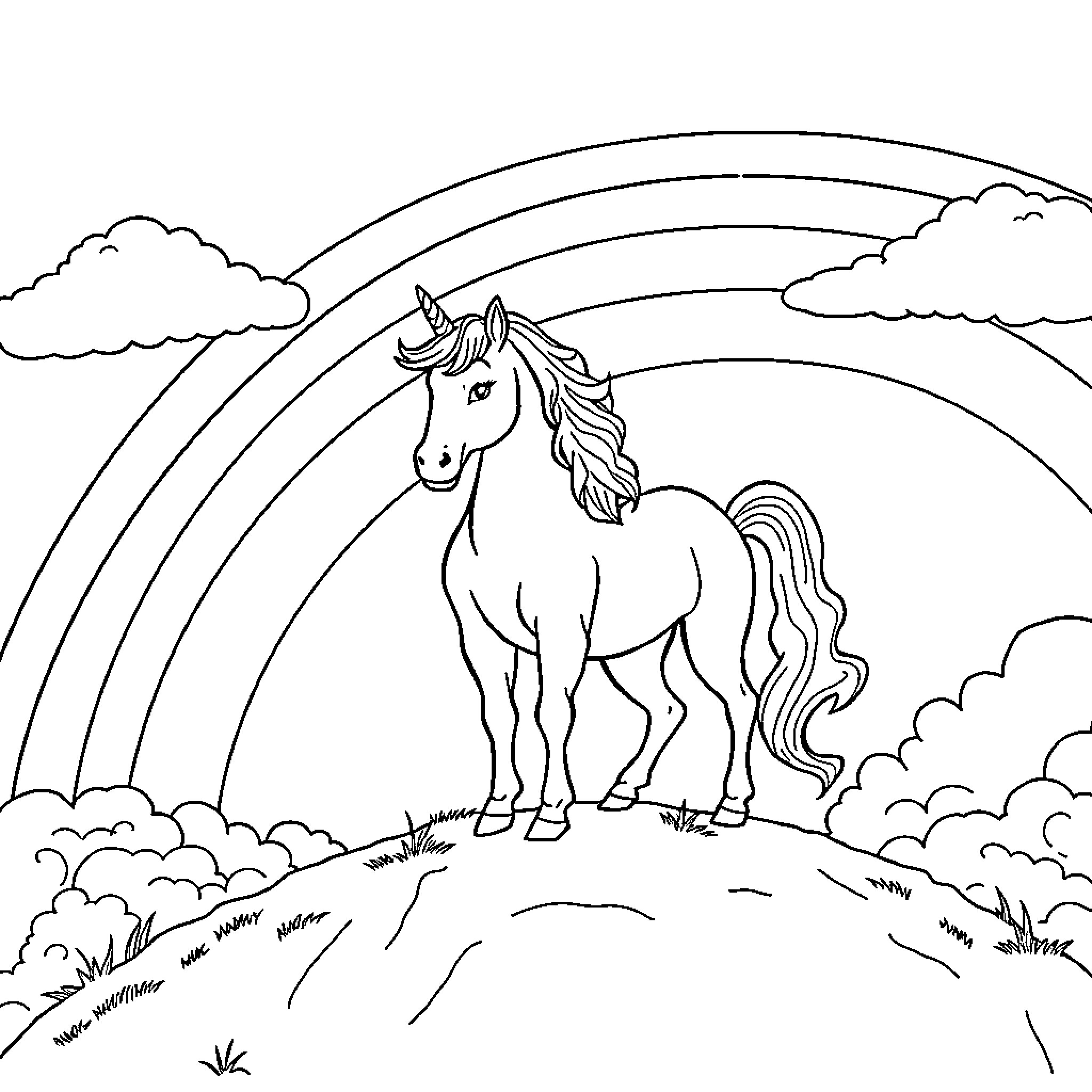 Unicorn standing amidst clouds and rainbows Coloring Page (free black-and-white line drawing printable PDF for all, from beginners to advanced learners, including children, teens, adults, and seniors)